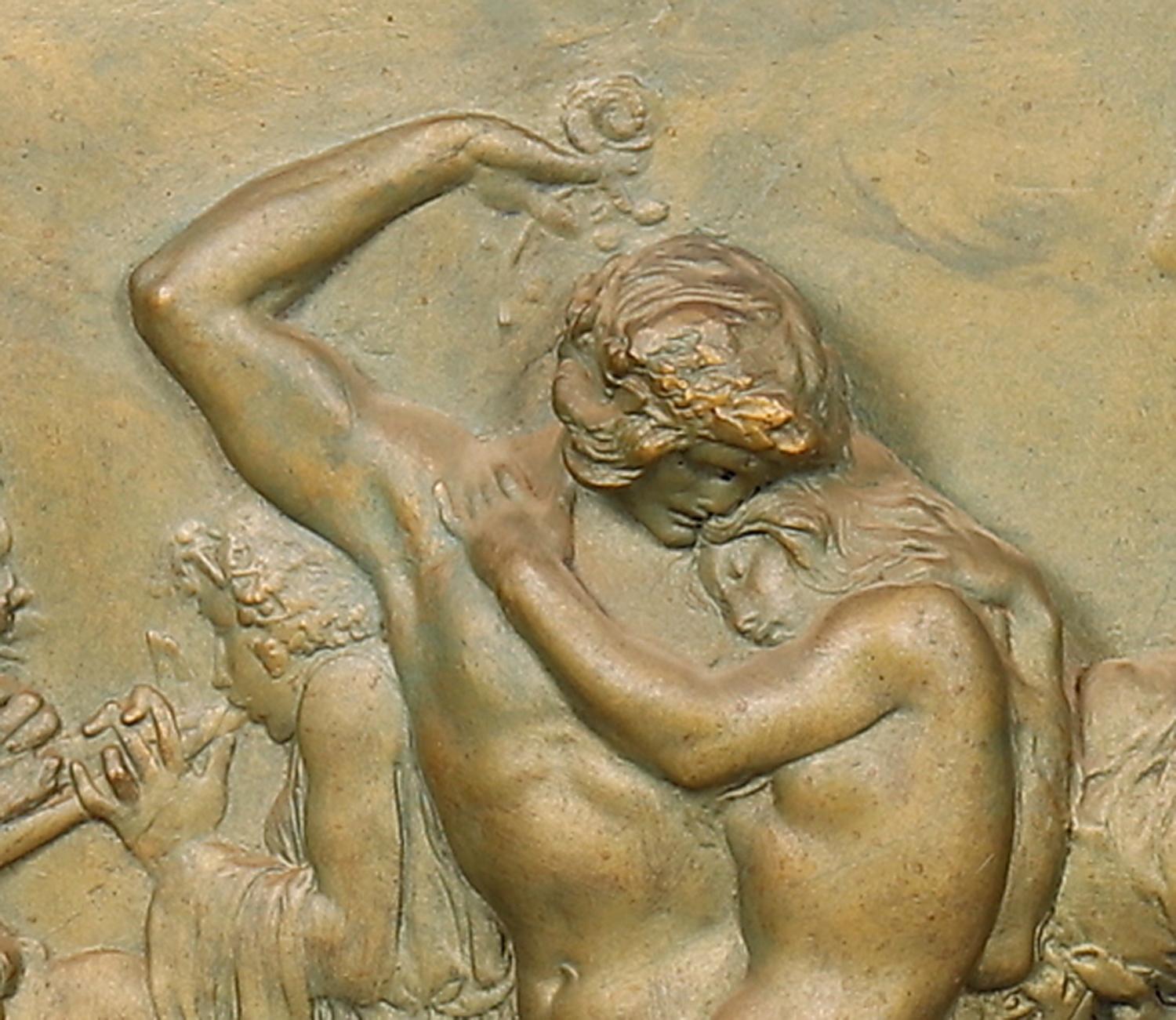 Made circa 1930, molded in relief with a Bacchanalian scene in an oak frame.
Measures: 53 cm x 81 cm.
Chip to lower right of frame with smaller chips and losses to edges.