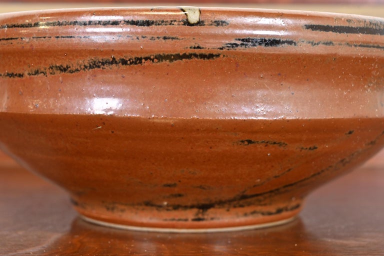 Large Painted Glazed Ceramic Studio Pottery Bowl with Handles For Sale