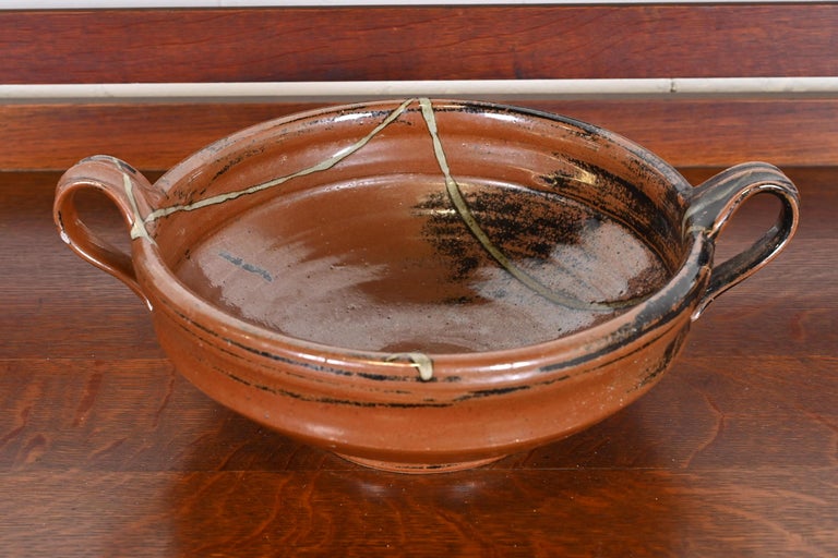 Large Painted Glazed Ceramic Studio Pottery Bowl with Handles For Sale