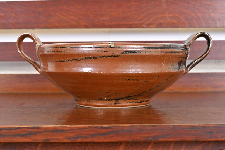 Large Painted Glazed Ceramic Studio Pottery Bowl with Handles For Sale