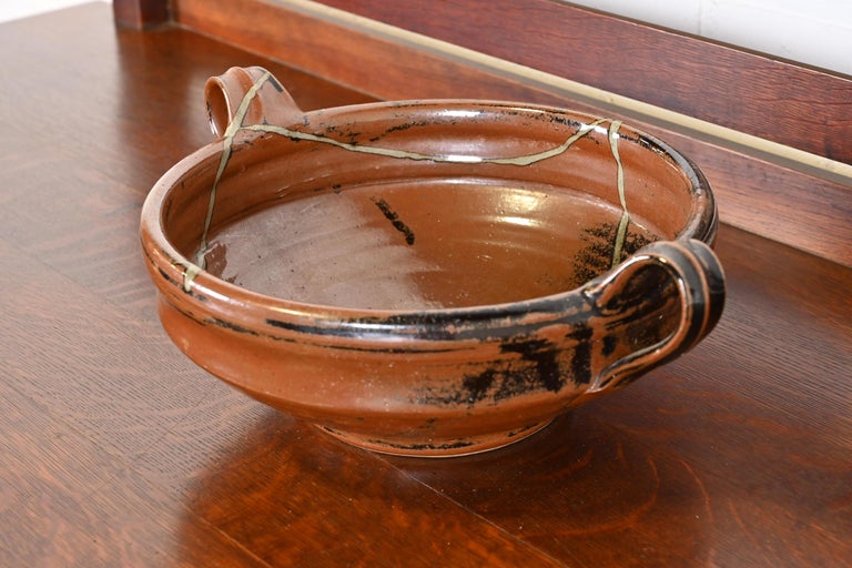 Large Painted Glazed Ceramic Studio Pottery Bowl with Handles For Sale