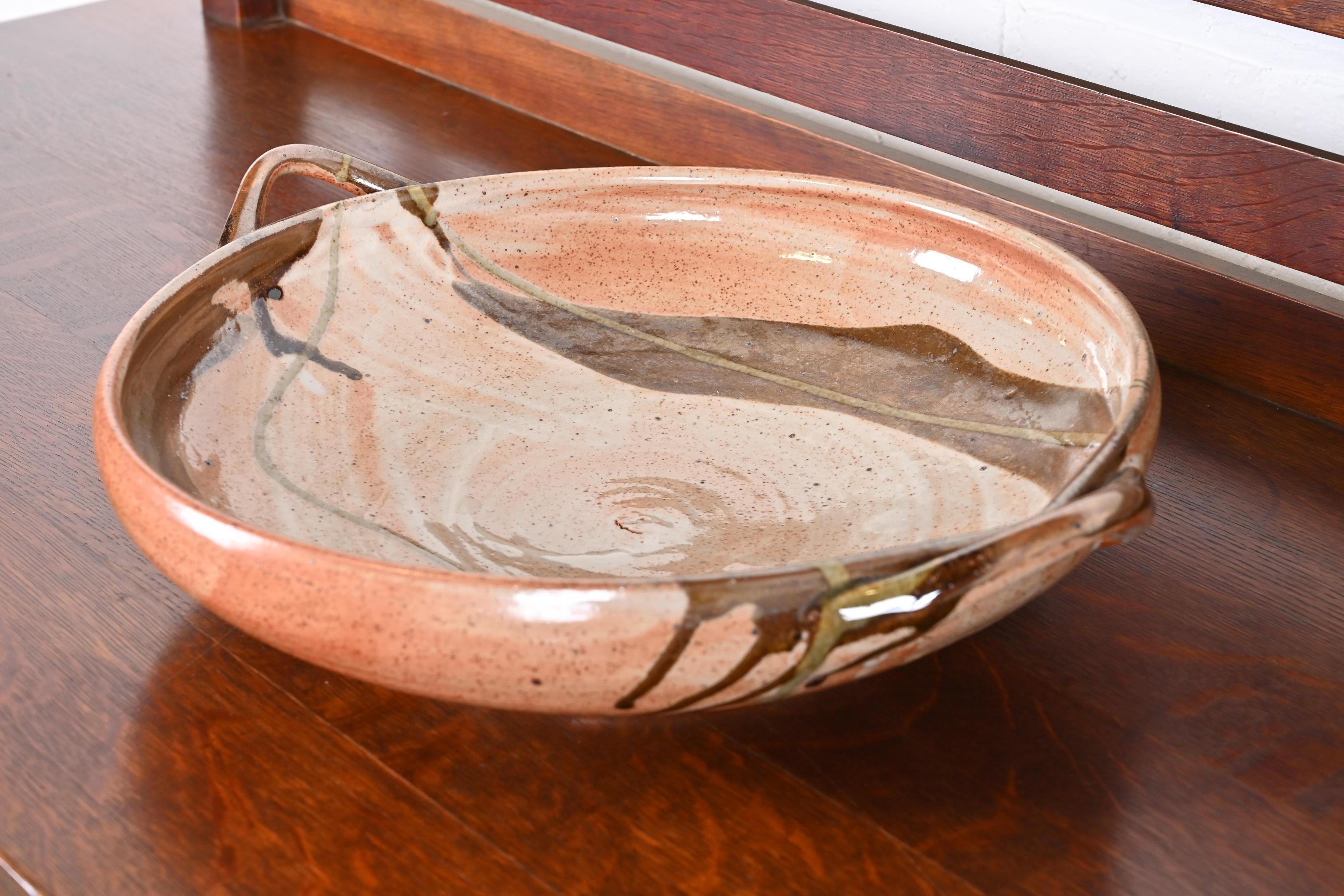 Large Painted Glazed Ceramic Studio Pottery Bowl With Handles In Good Condition For Sale In South Bend, IN