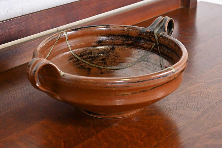 Large Painted Glazed Ceramic Studio Pottery Bowl with Handles For Sale