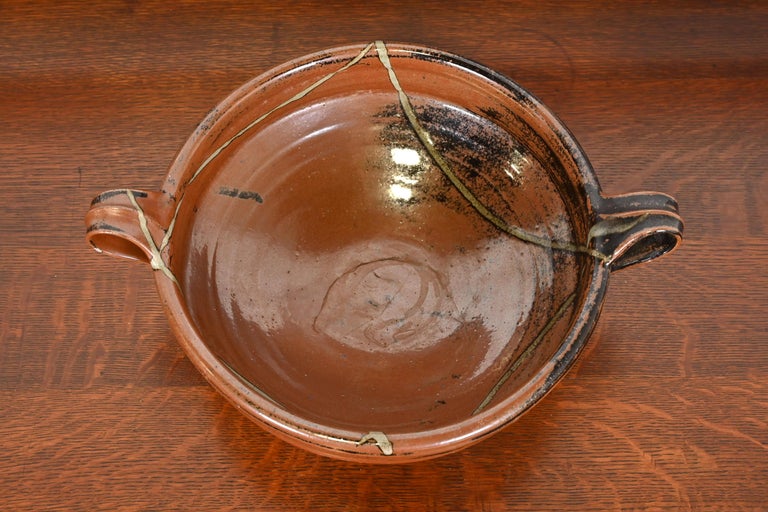 Large Painted Glazed Ceramic Studio Pottery Bowl with Handles For Sale