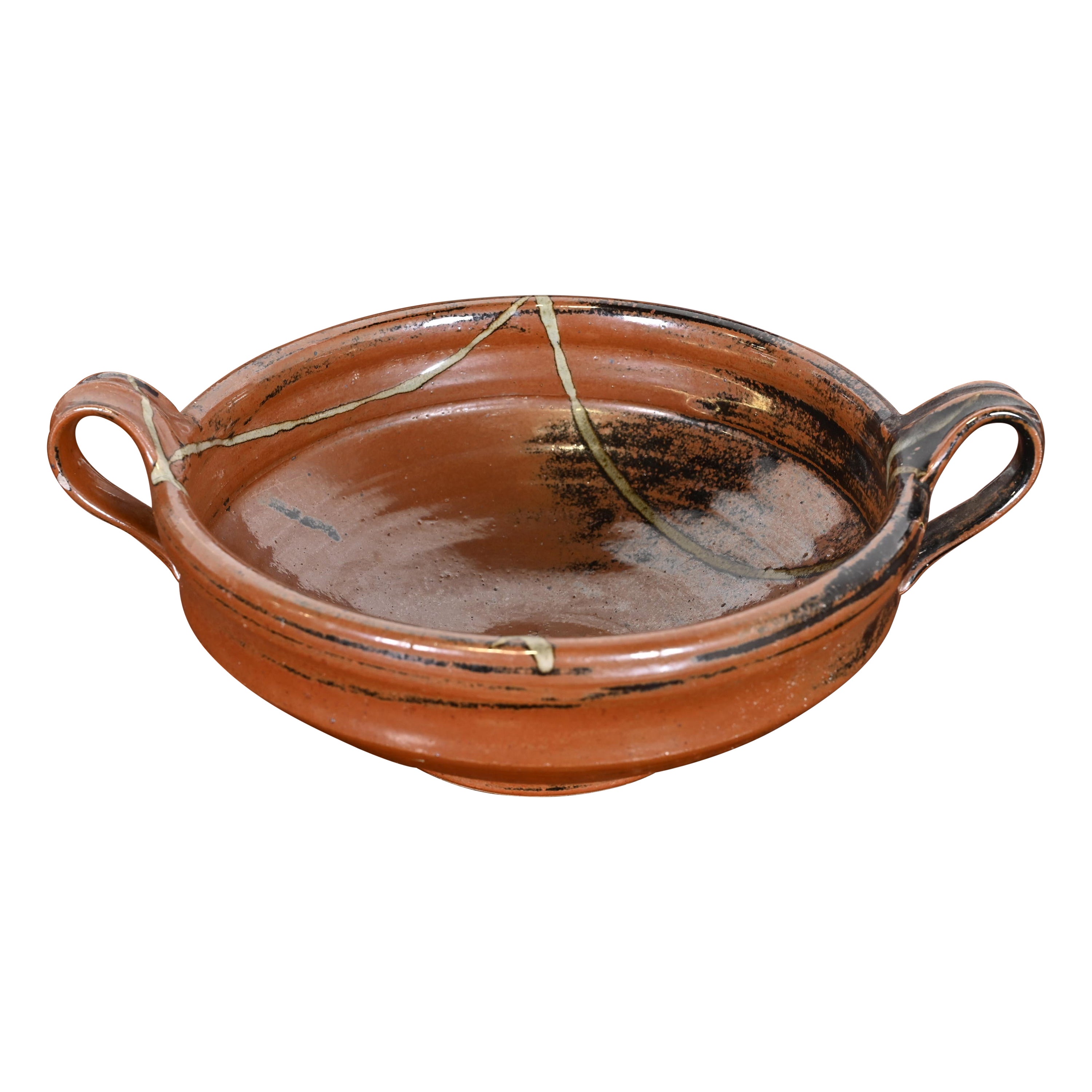 Large Painted Glazed Ceramic Studio Pottery Bowl with Handles