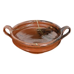 Large Painted Glazed Ceramic Studio Pottery Bowl with Handles