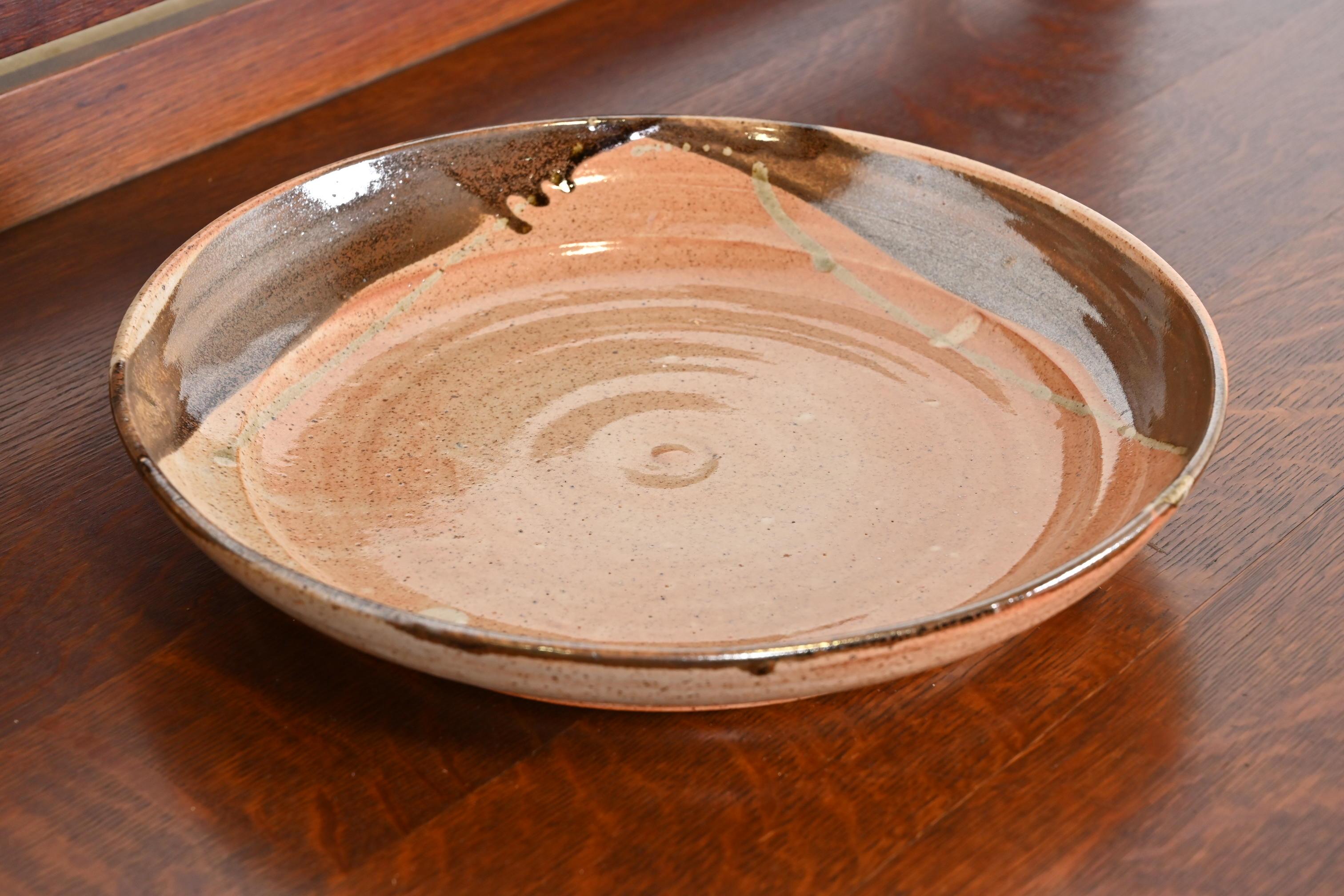 20th Century Large Painted Glazed Ceramic Studio Pottery Shallow Bowl