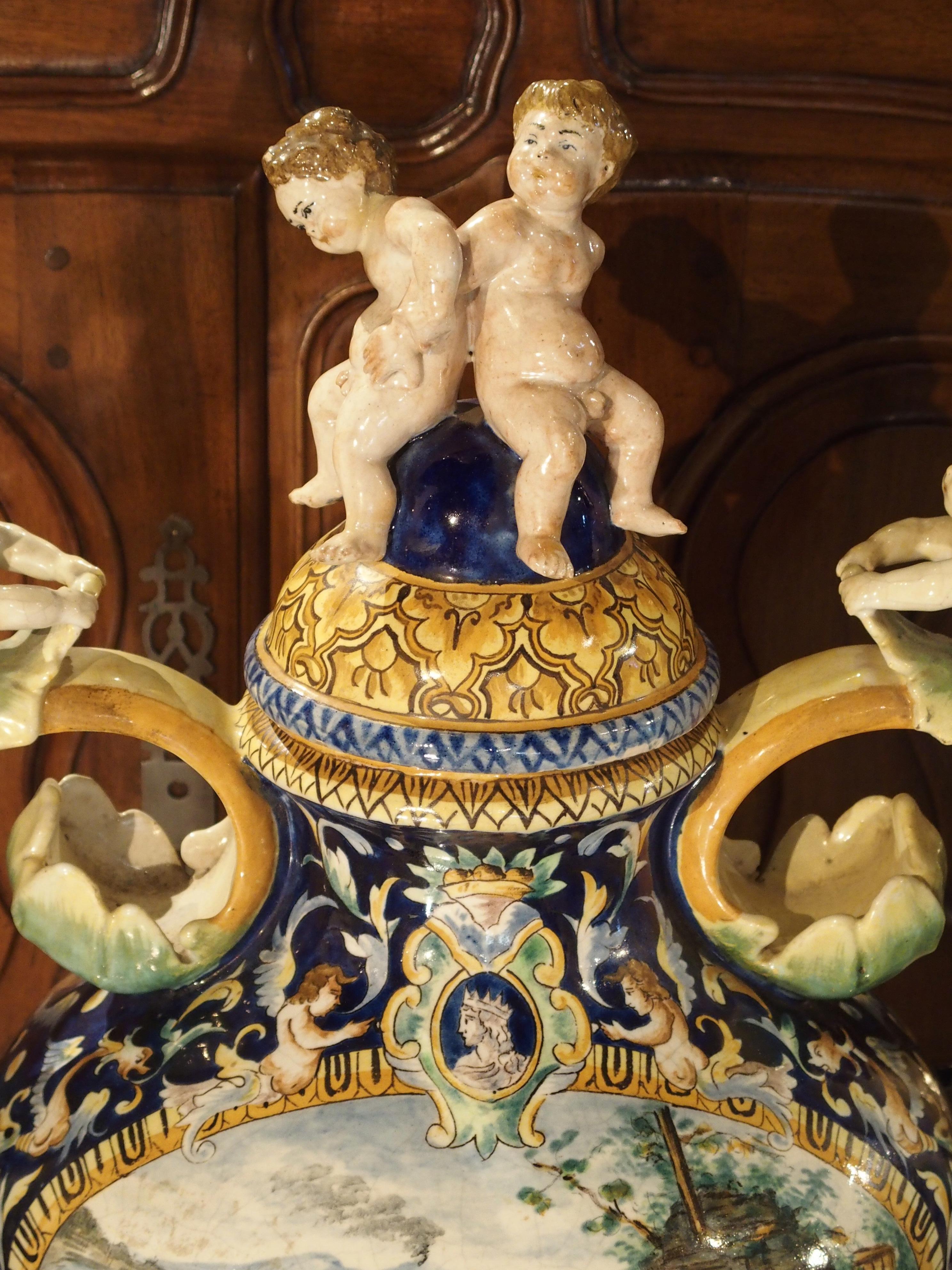 19th Century Large Painted Italian Majolica Urn, circa 1885 For Sale