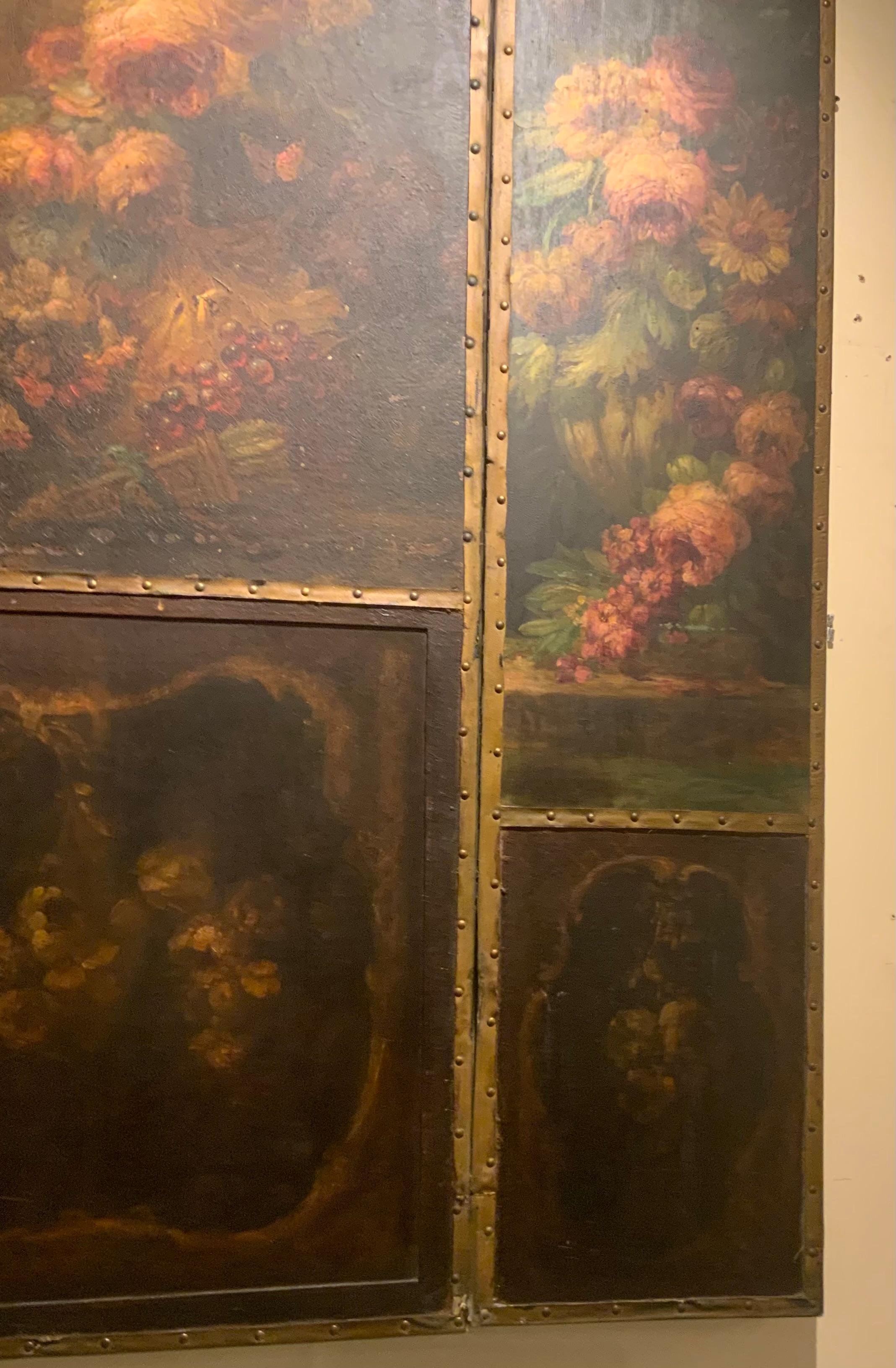 Large painted on board  screen in three panels of angels and roses For Sale 3