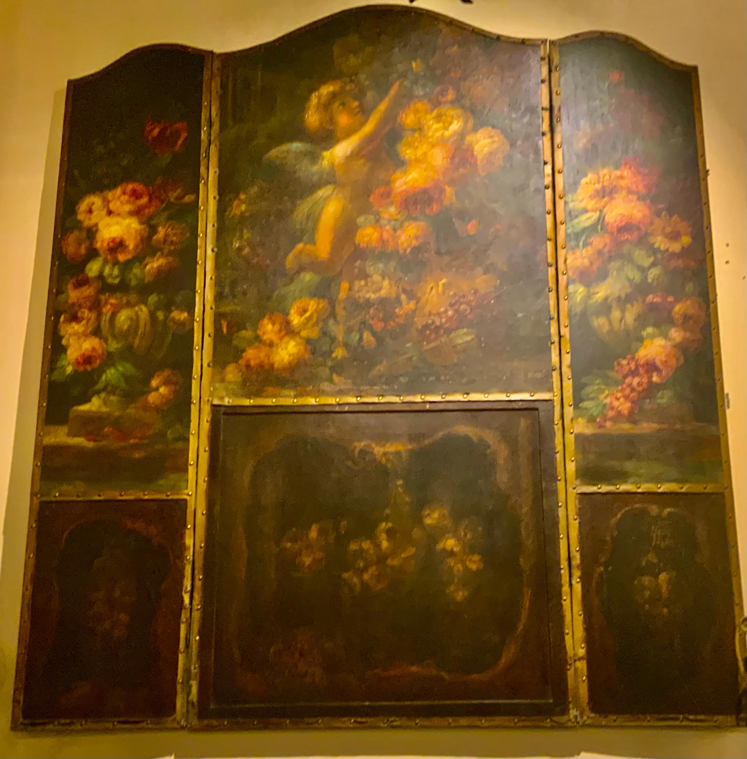 Large hand painted three piece wall hanging that can be
Hung altogether or separately. The colors are in rose and
Green hues depicting frolicking angels and an abundance 
Of floral and foliate elements. The top curves in a graceful 
Arch.