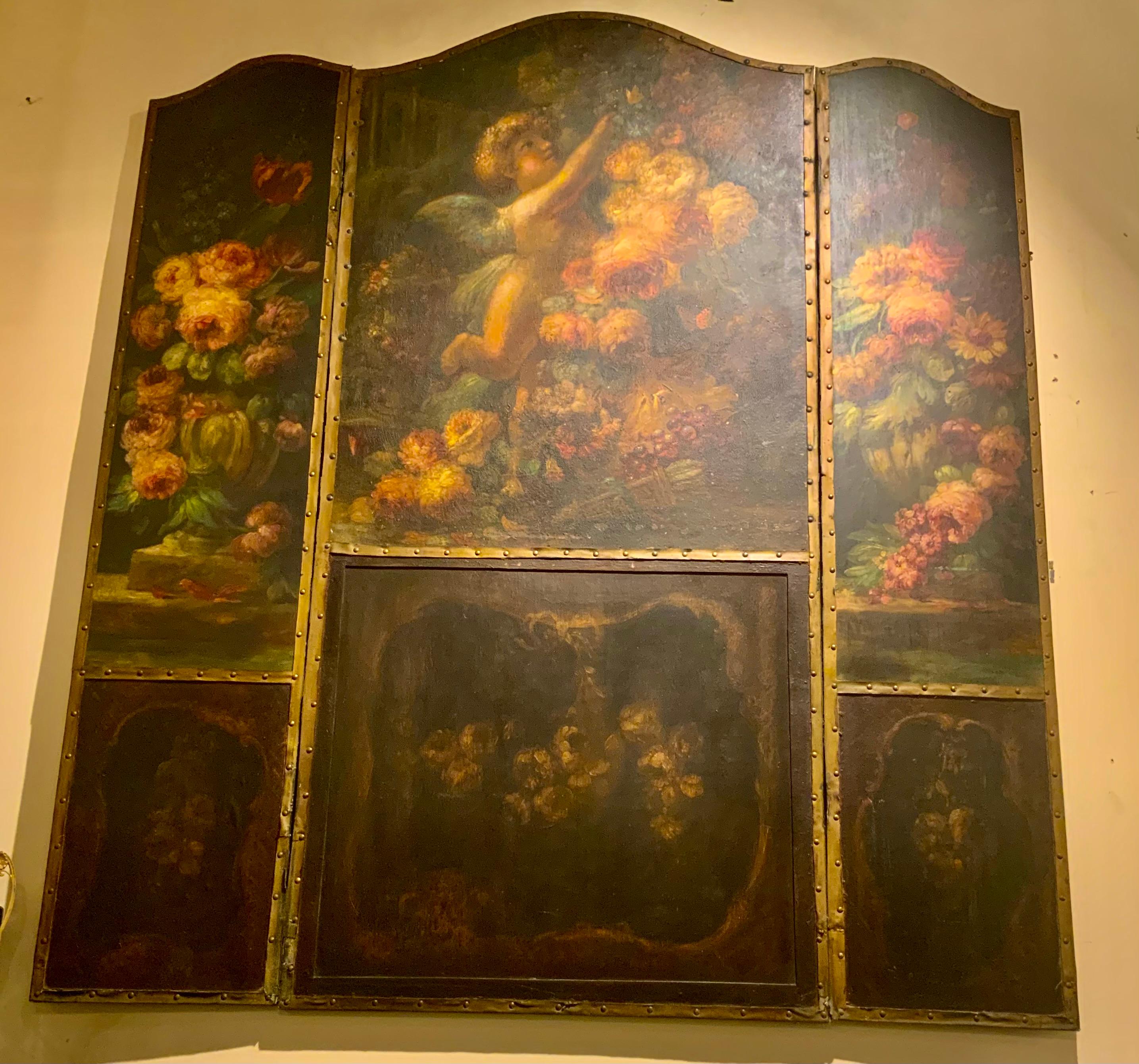 French Large painted on board  screen in three panels of angels and roses For Sale