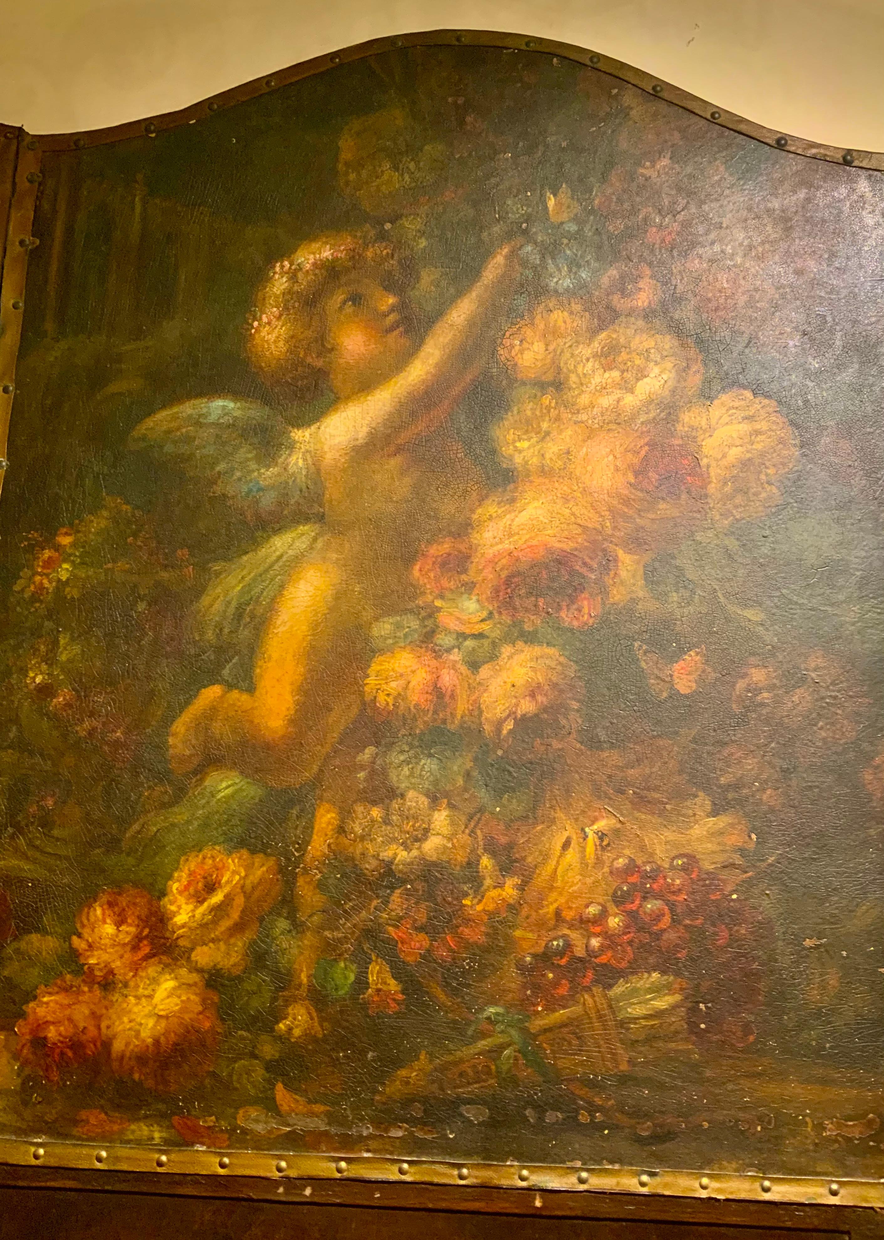 Hand-Painted Large painted on board  screen in three panels of angels and roses For Sale