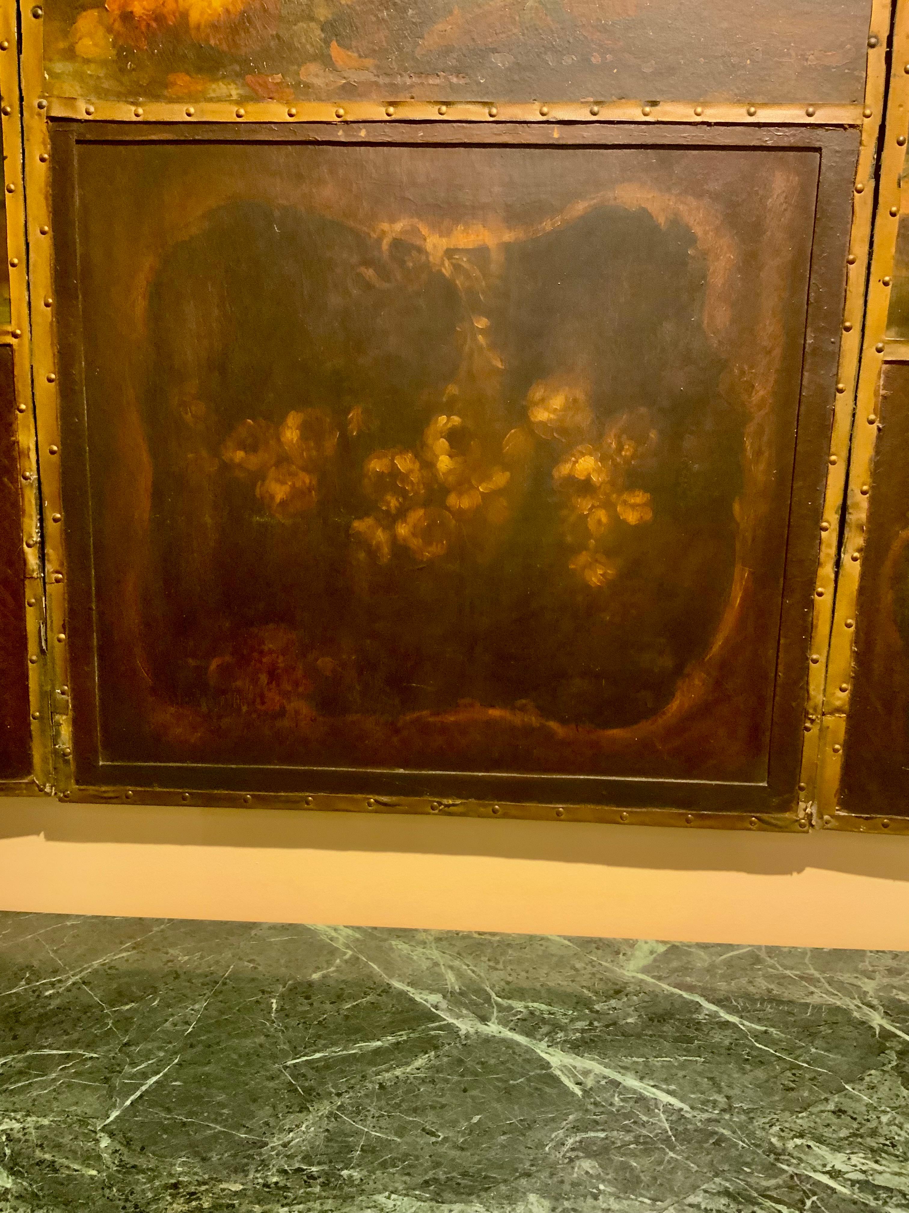 Large painted on board  screen in three panels of angels and roses In Excellent Condition For Sale In Houston, TX