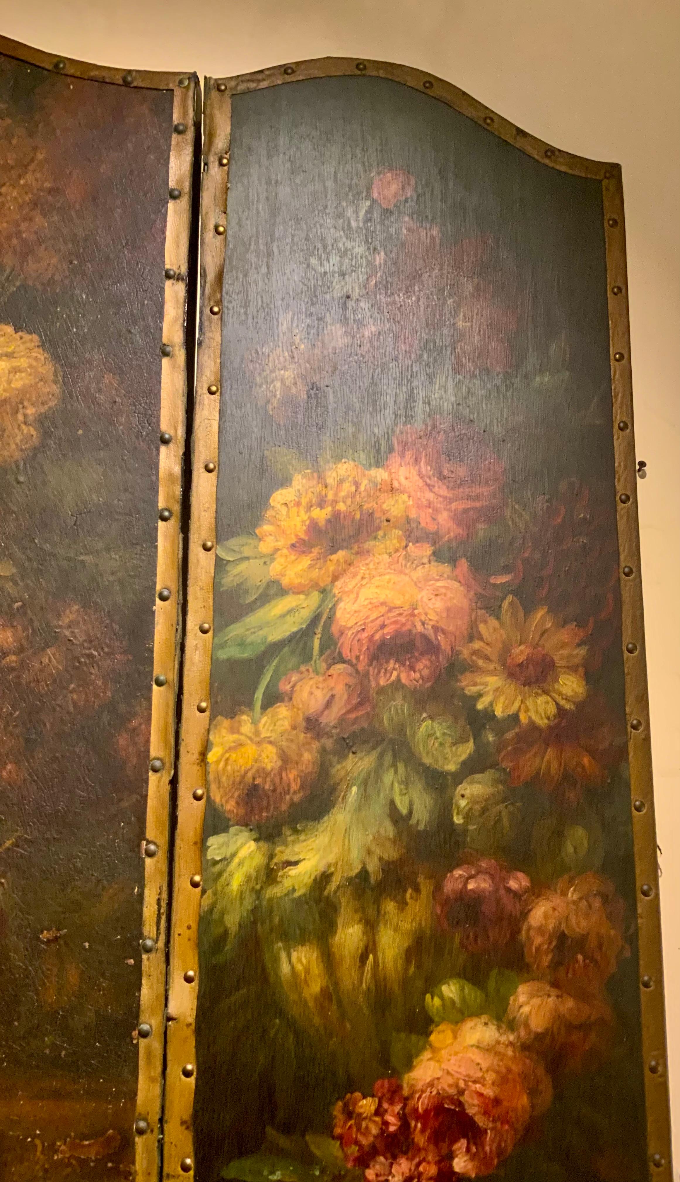 19th Century Large painted on board  screen in three panels of angels and roses For Sale