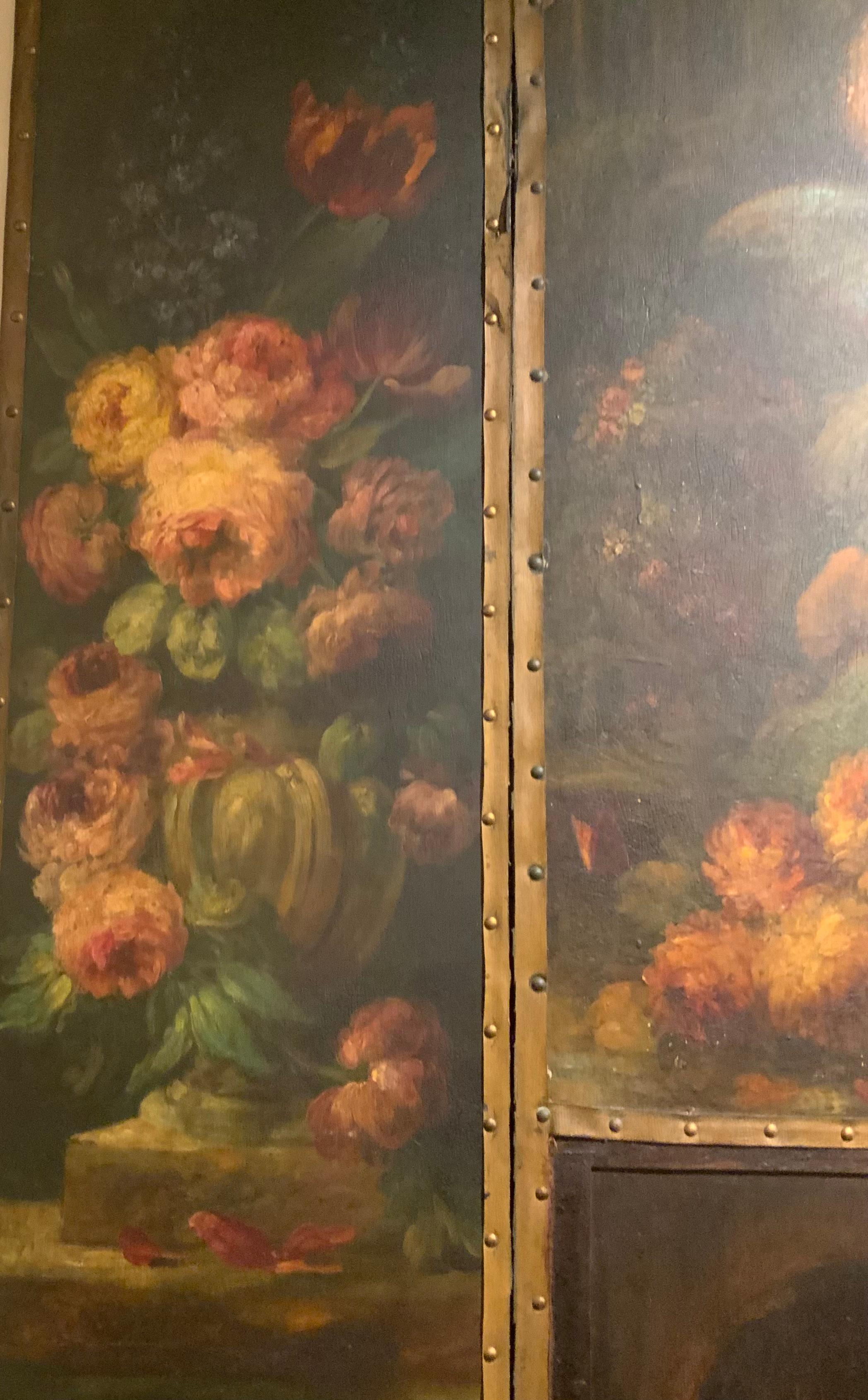 Paint Large painted on board  screen in three panels of angels and roses For Sale
