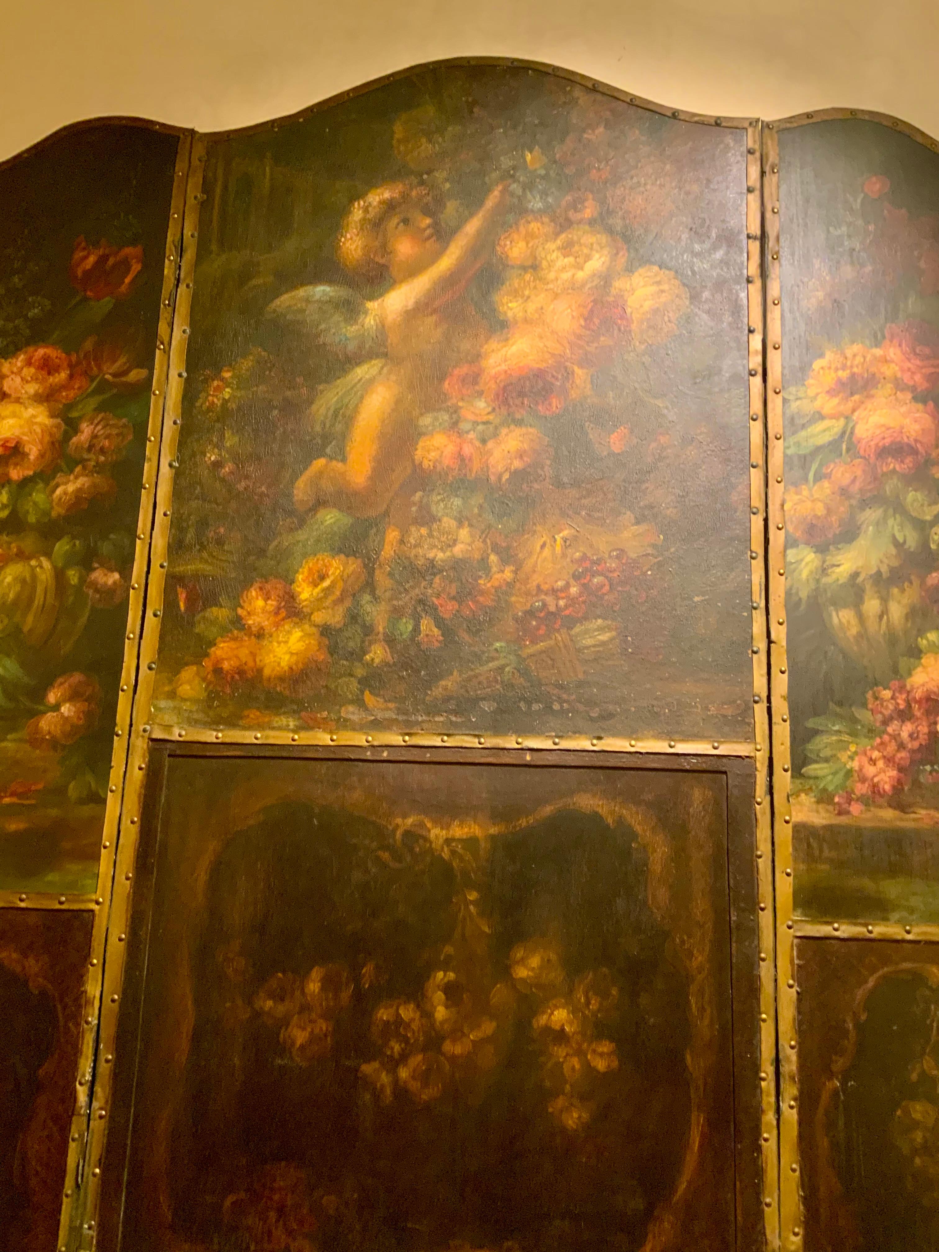 Large painted on board  screen in three panels of angels and roses For Sale 1