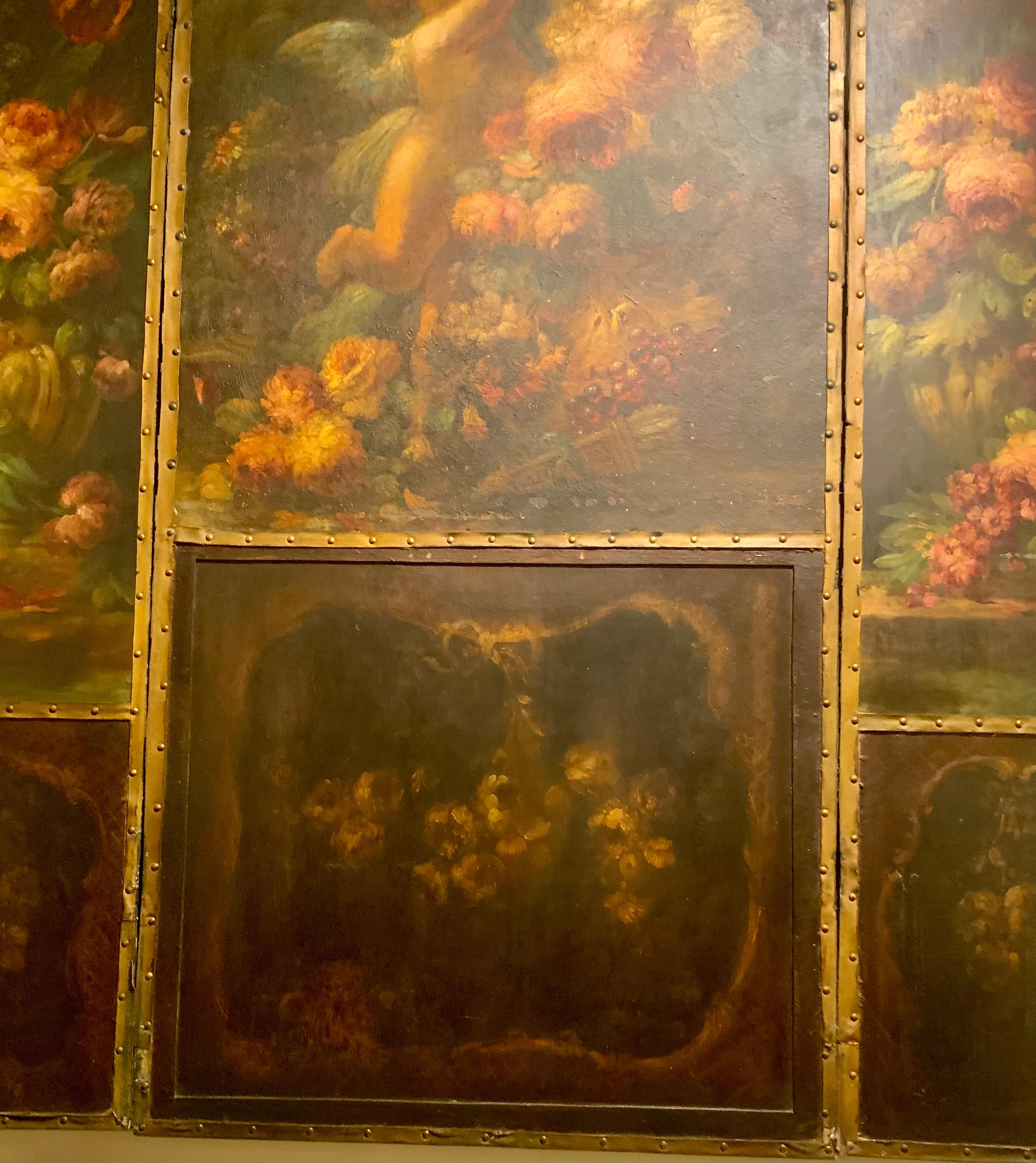 Large painted on board  screen in three panels of angels and roses For Sale 2