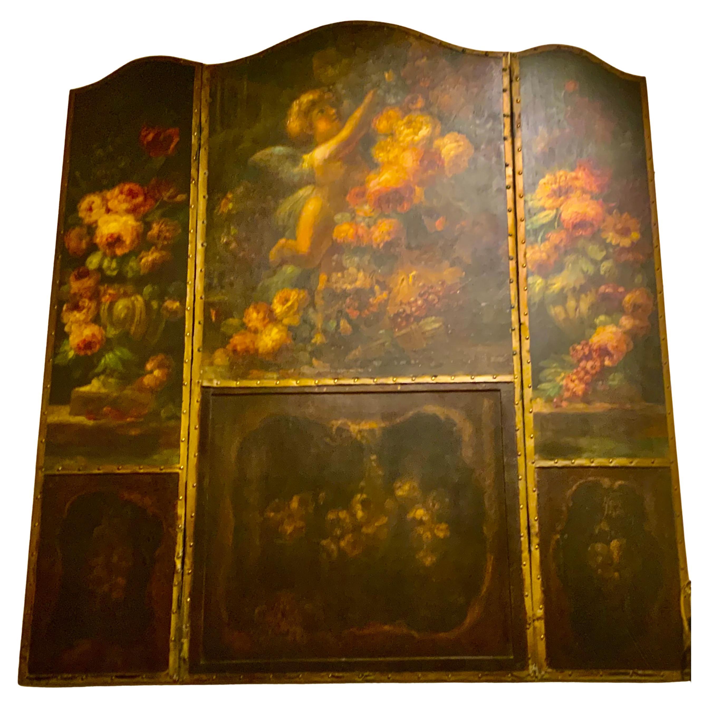 Large painted on board  screen in three panels of angels and roses For Sale