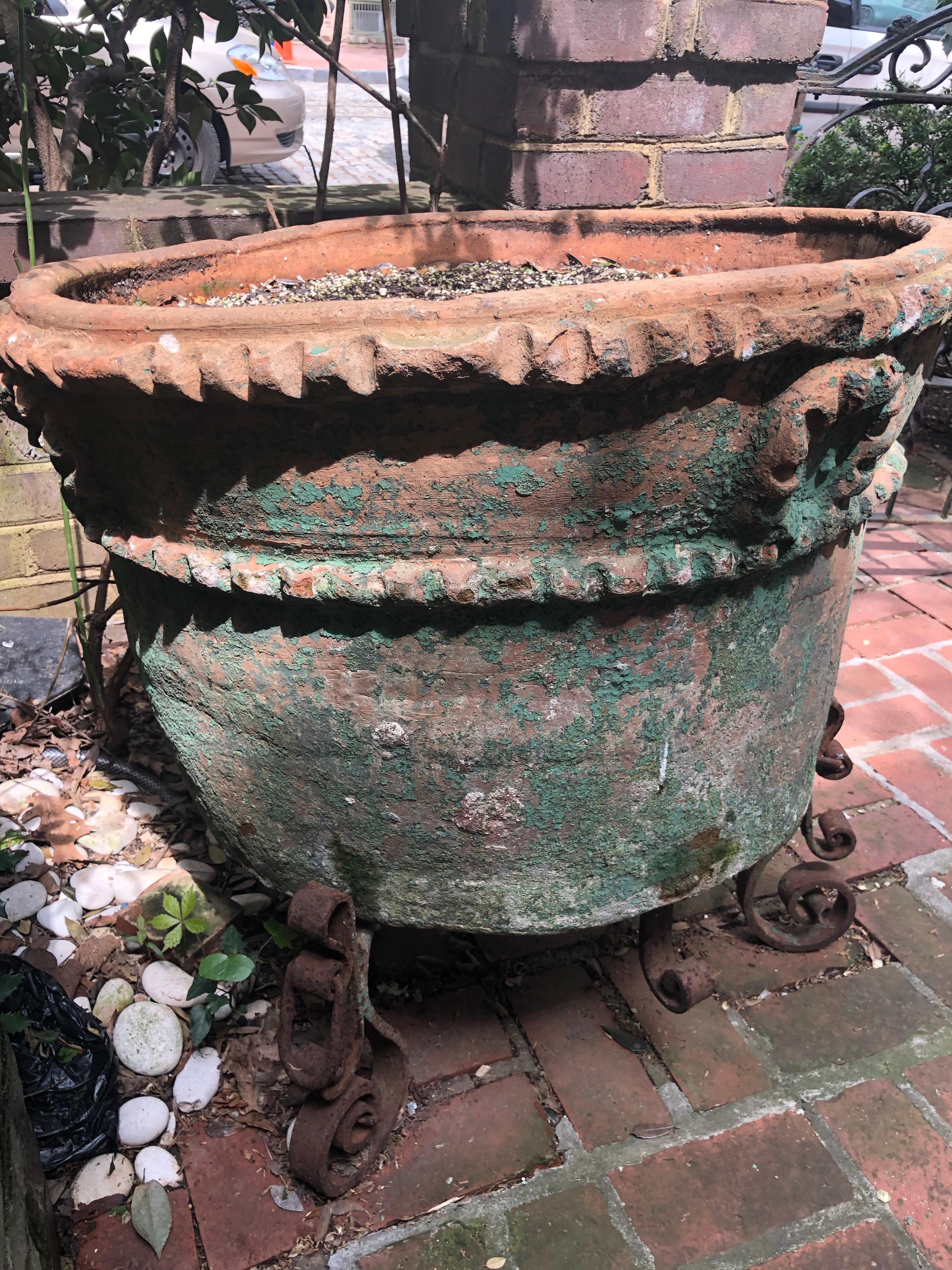 Large Painted Terra Cotta Planter with a Wrought Iron Stand 4