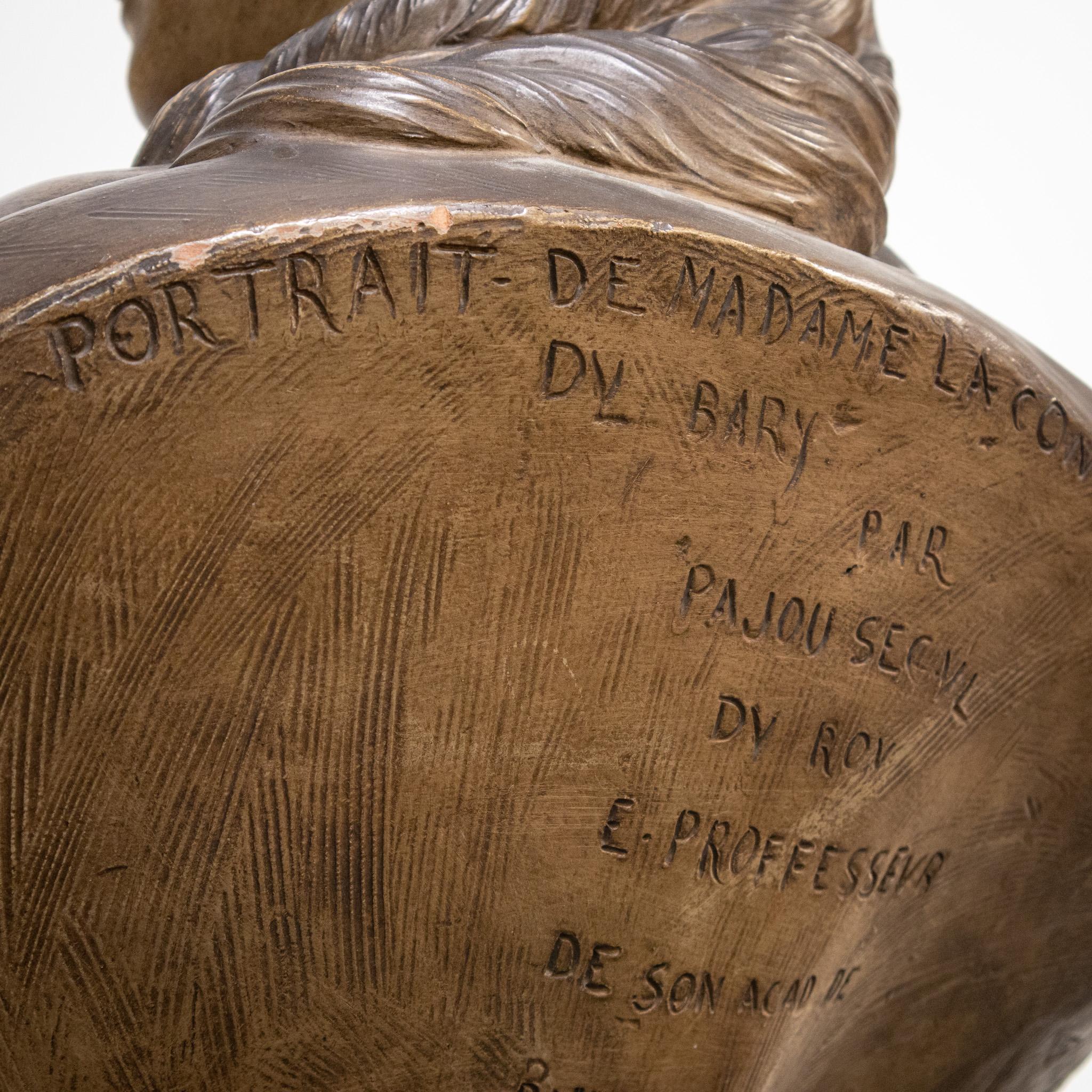 A grand painted terracotta bust of the charming Madame Du Barry, this large and heavy piece is after the artist Augustin Pajou and is inscribed on the reverse “Portrait De Madame La Comtesse Du Bary Par Pajou Secul Du Roy E. Professeur De Son Acad