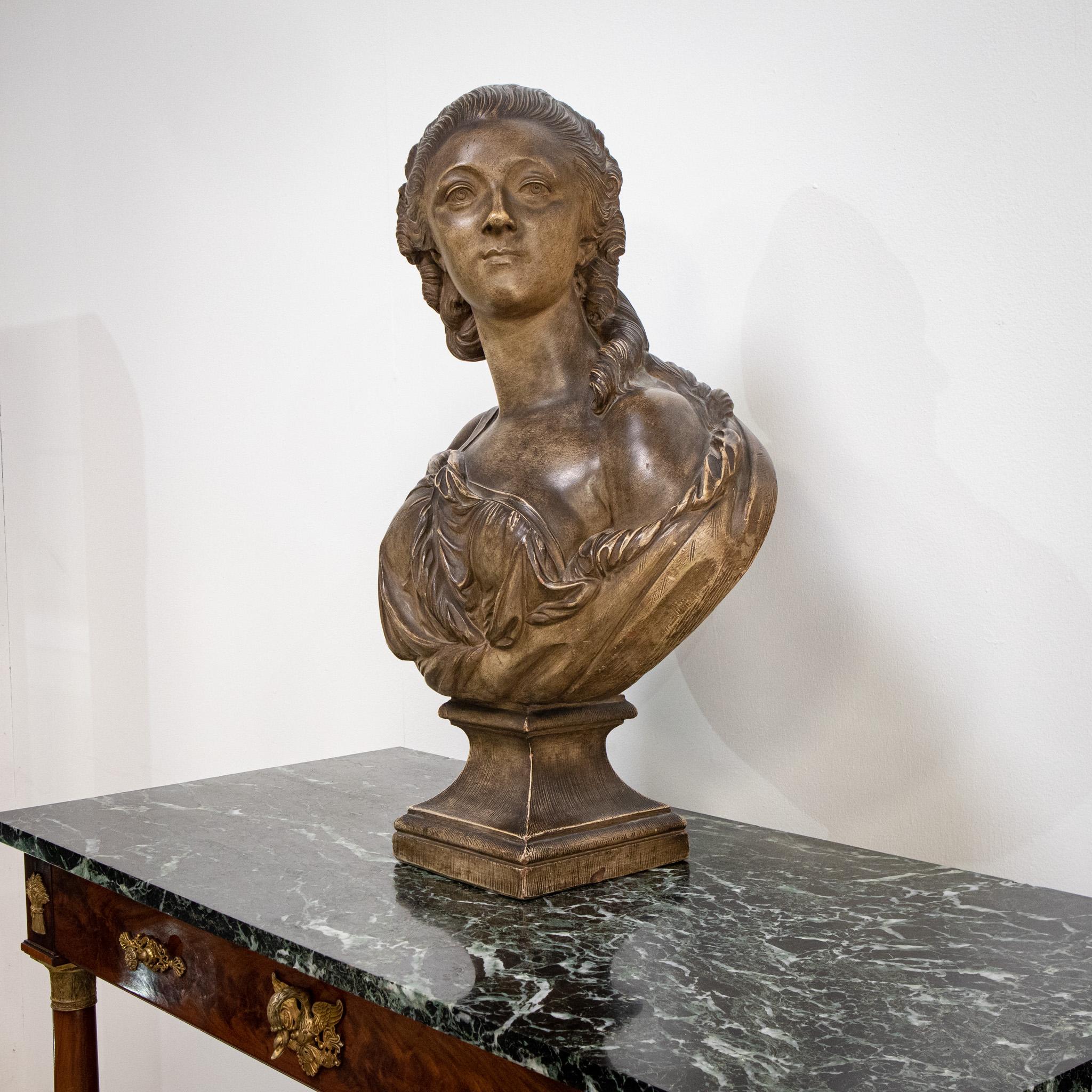 French Large Painted Terracotta Bust of Madame Du Barry After Augustin Pajou For Sale