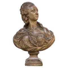 Grand buste de Madame Du Barry en terre cuite peinte d'après Augustin Pajou