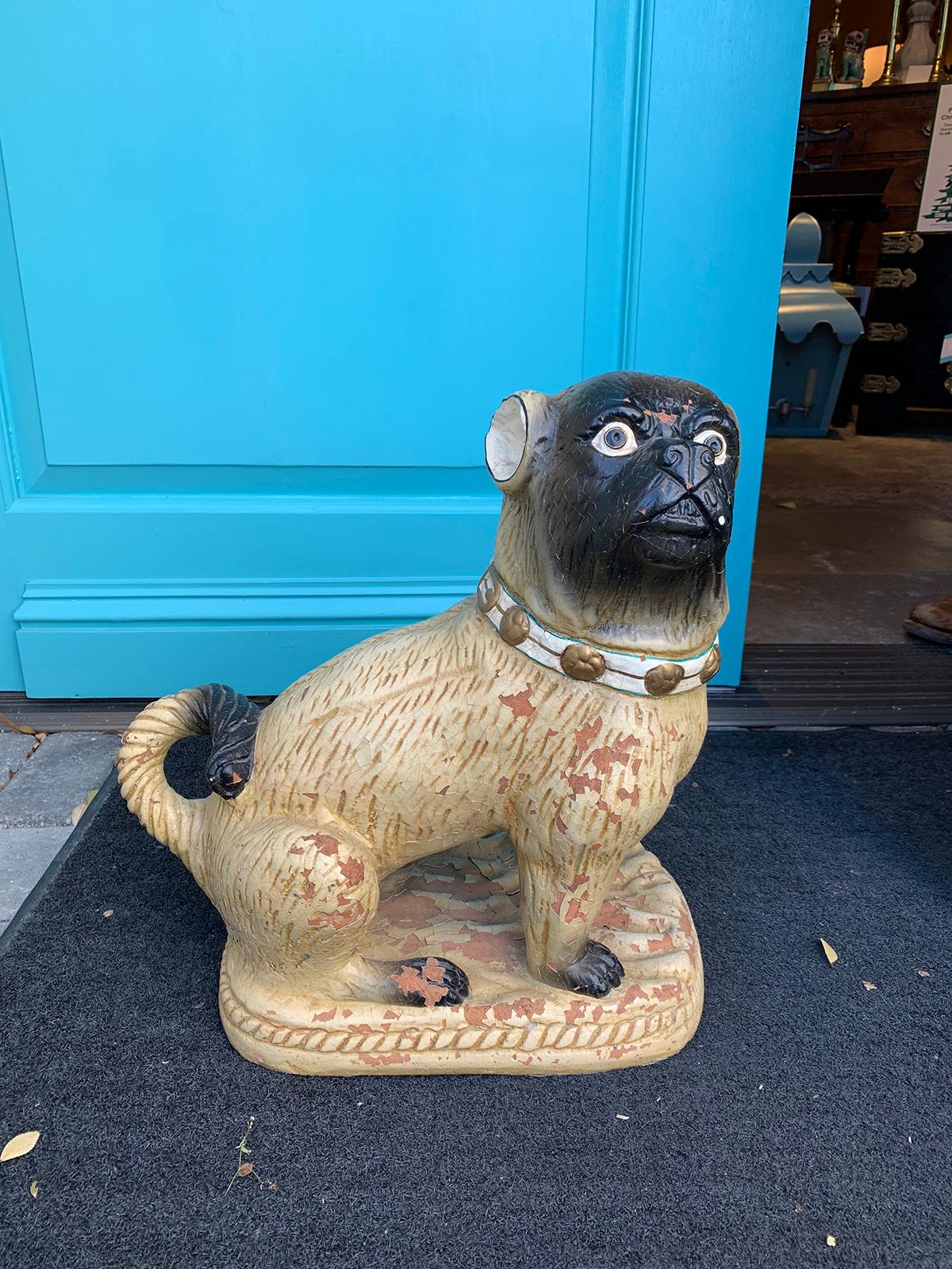 Late 19th Century Continental Heavily Glazed Terracotta Pug In Good Condition In Atlanta, GA