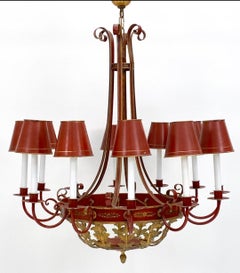 Large Painted Tole and Brass Chandelier With Gilded Accents