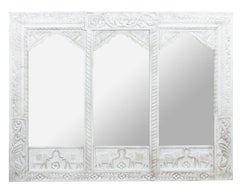 Large Painted White Triple Arch Indian Mirror