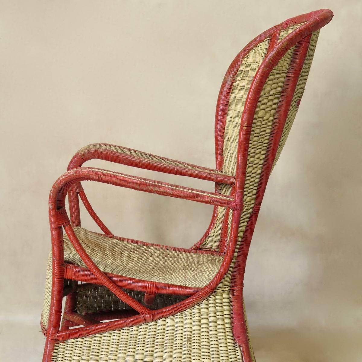 French Large Painted Wickerwork Wingback Armchair, circa 1920s For Sale