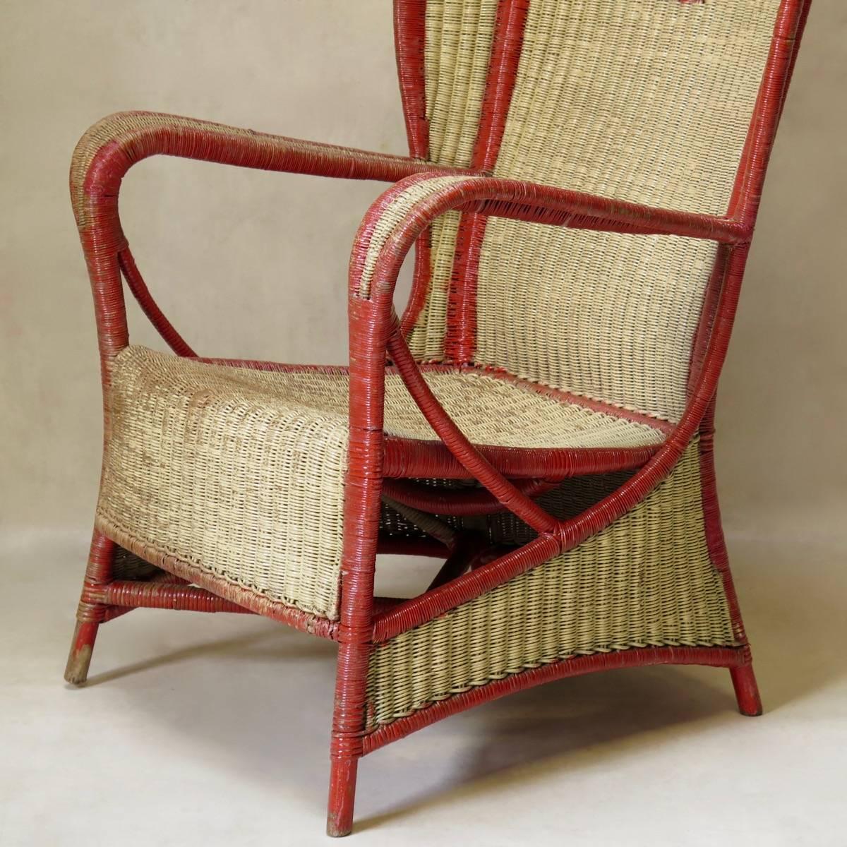 Large Painted Wickerwork Wingback Armchair, circa 1920s For Sale 1