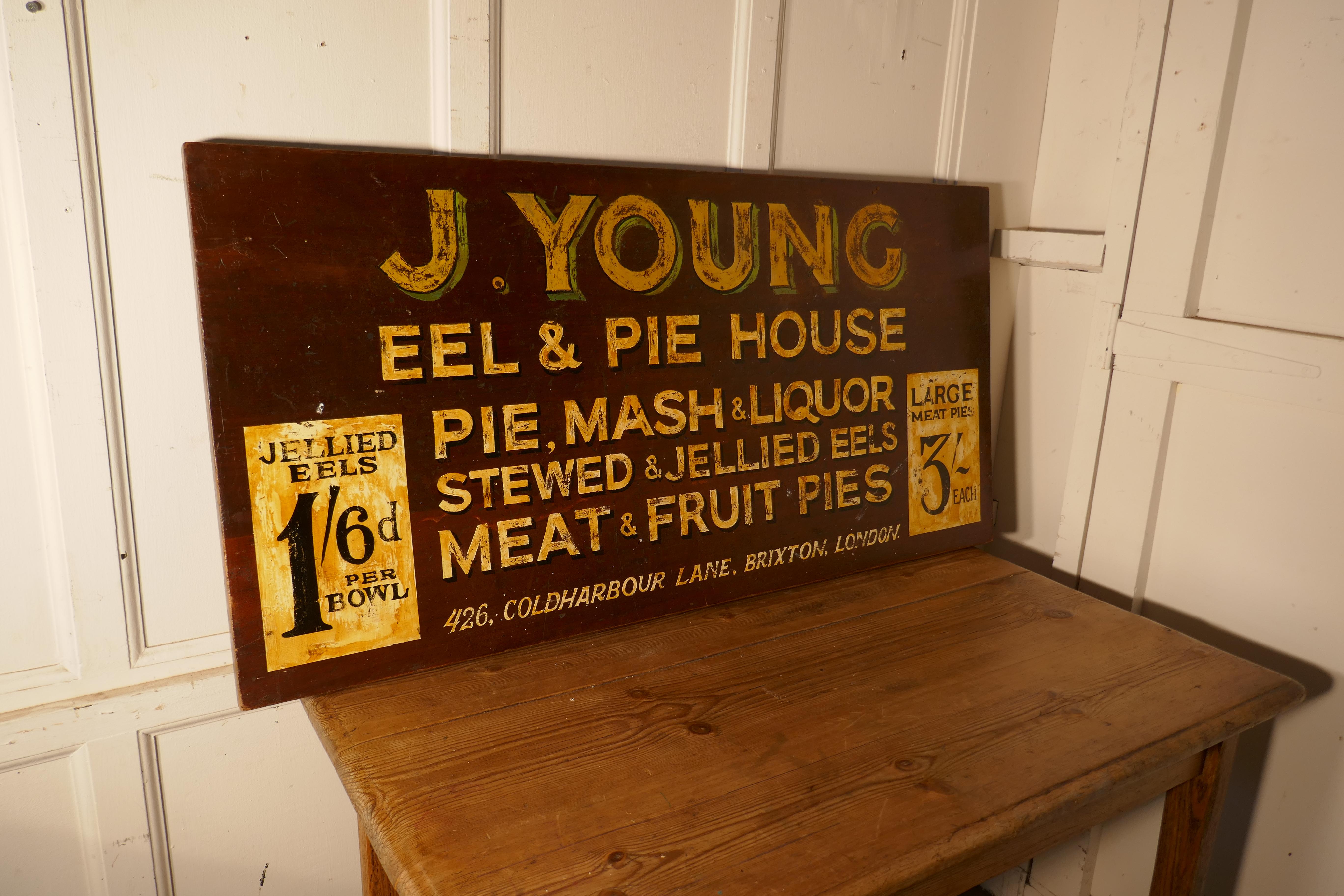 Folk Art Large Painted Wooden Advertising Sign, Youngs London Eel and Pie Shop