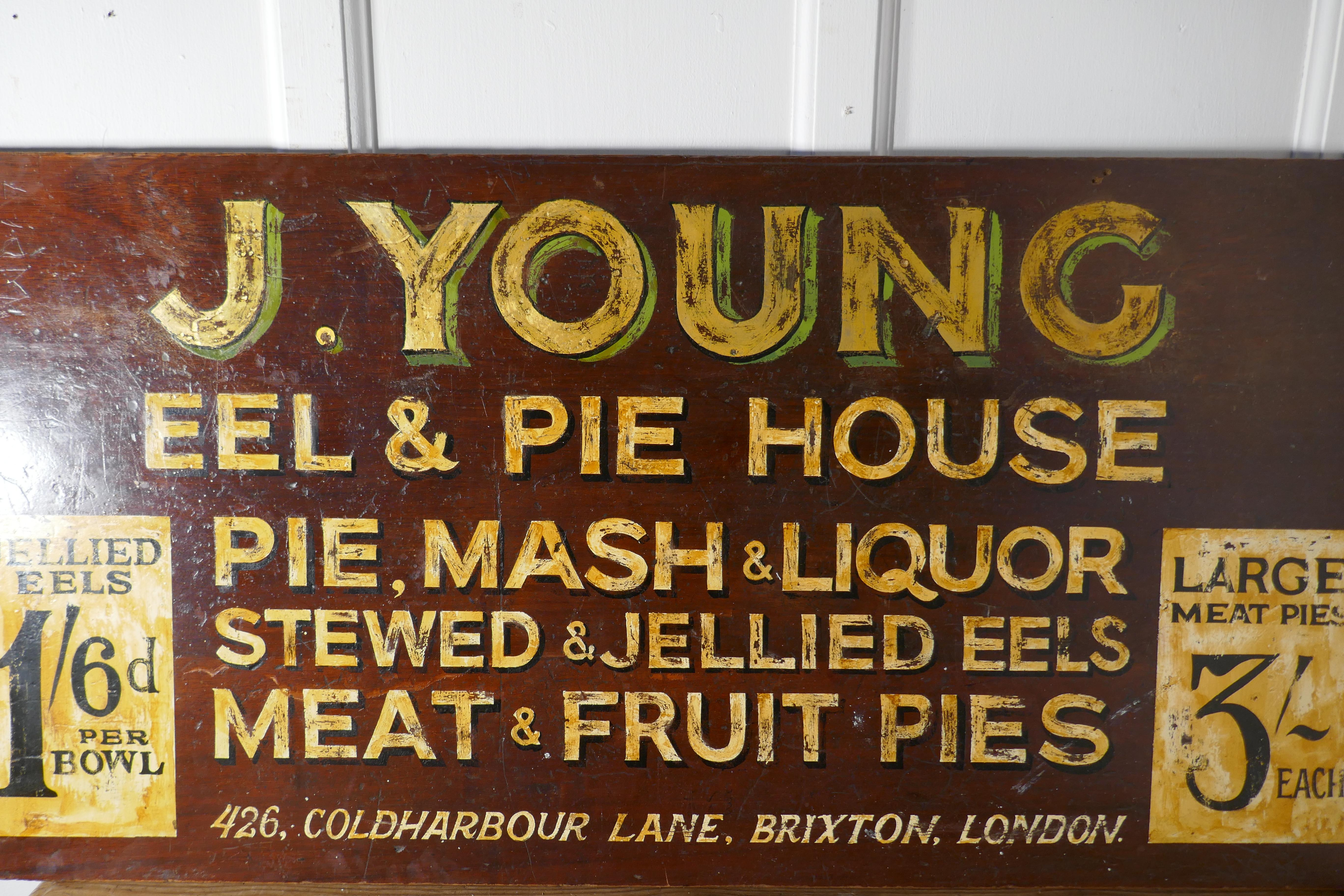 Large Painted Wooden Advertising Sign, Youngs London Eel and Pie Shop In Good Condition In Chillerton, Isle of Wight