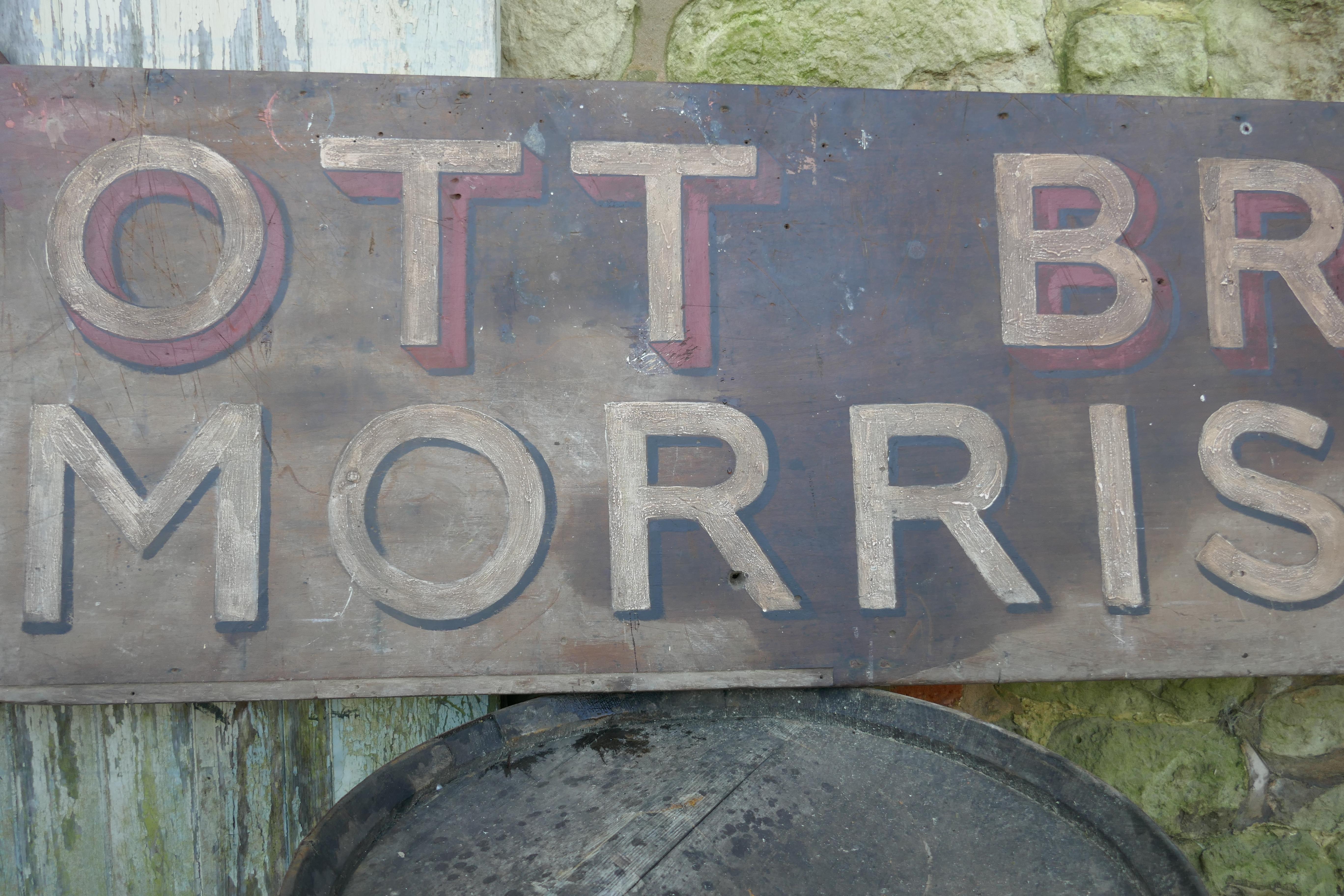 Large Painted Wooden Automobile Advertising Sign, “Scott Bro’s Morris” In Good Condition For Sale In Chillerton, Isle of Wight
