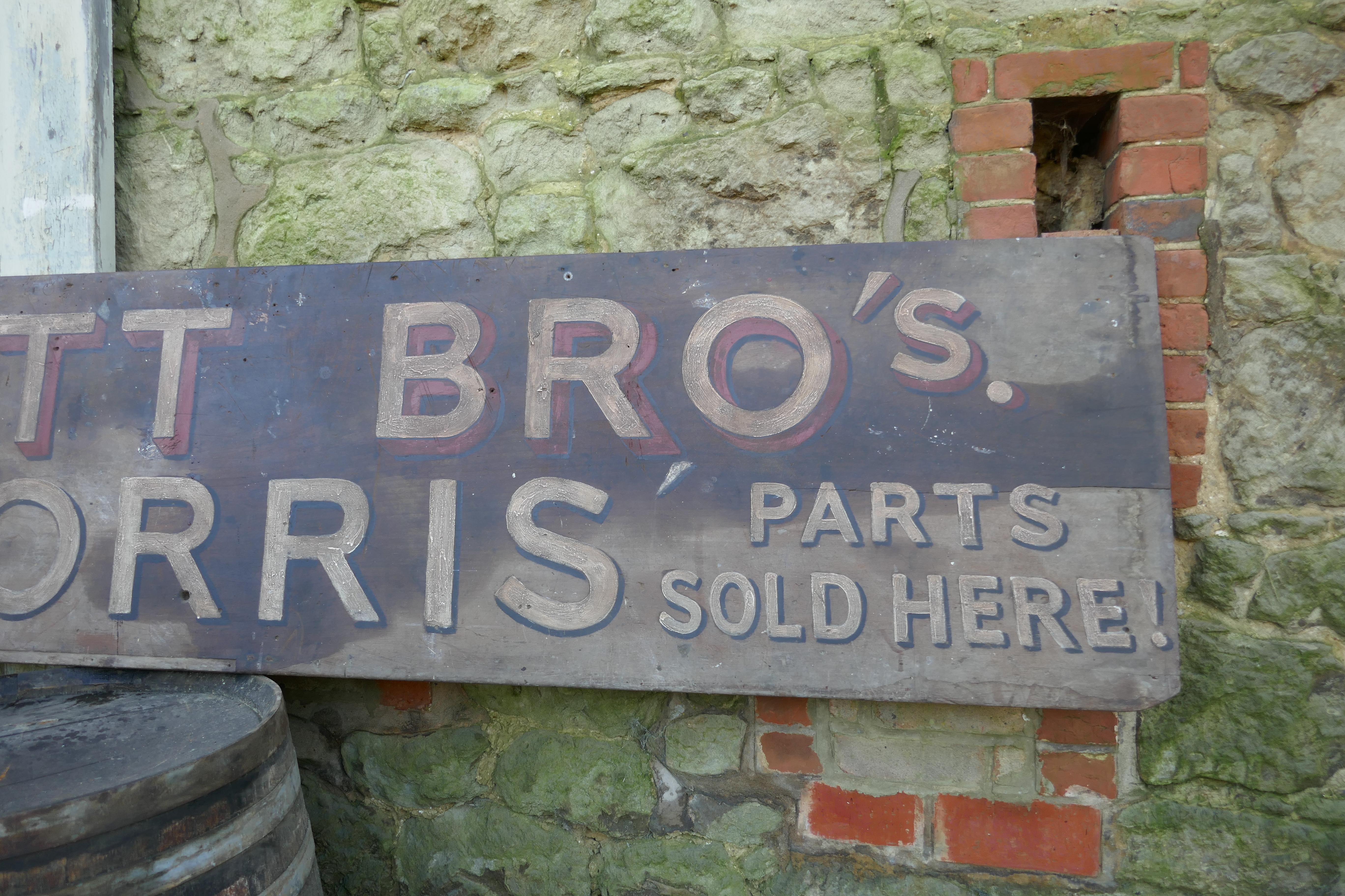 20th Century Large Painted Wooden Automobile Advertising Sign, “Scott Bro’s Morris” For Sale