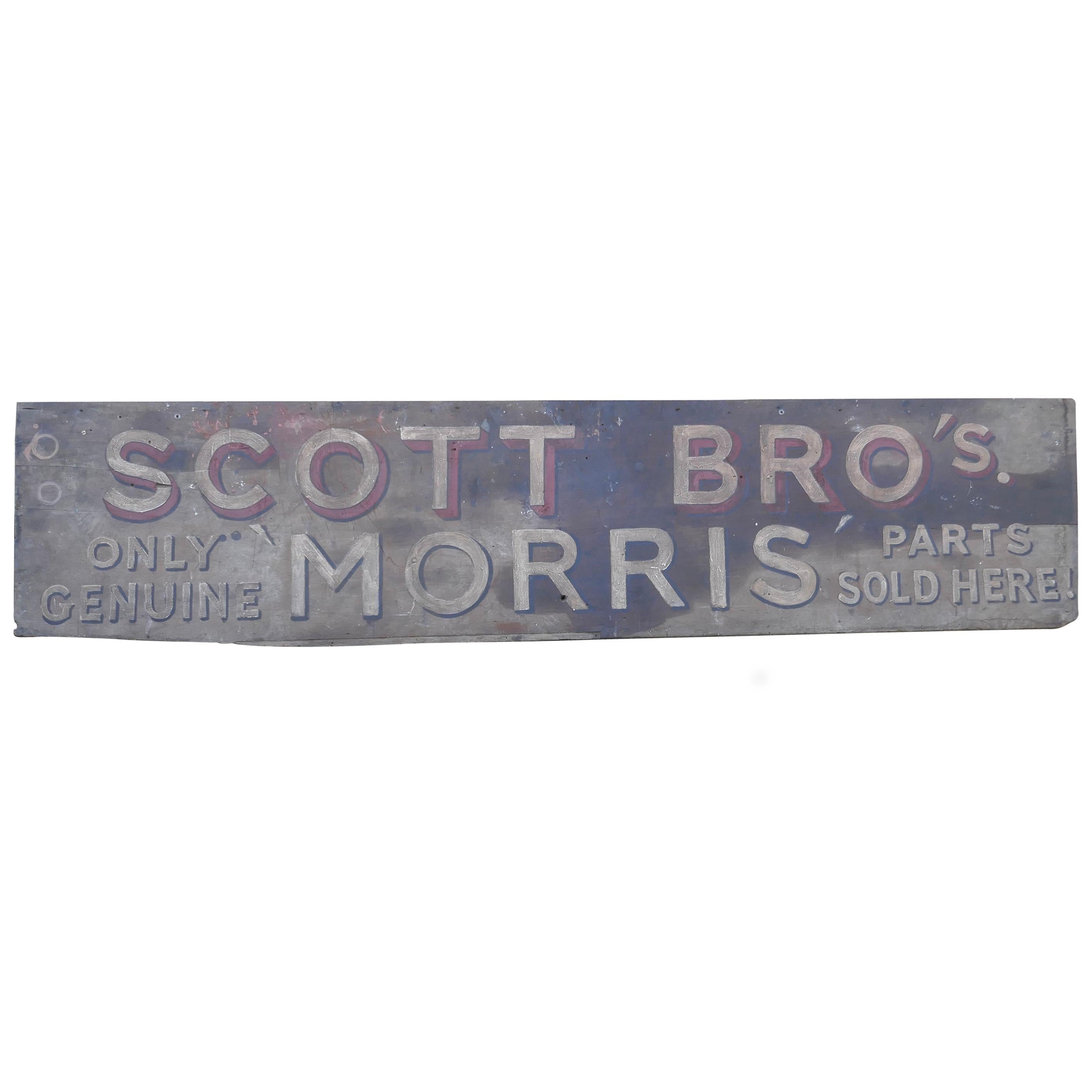 Large Painted Wooden Automobile Advertising Sign, “Scott Bro’s Morris”