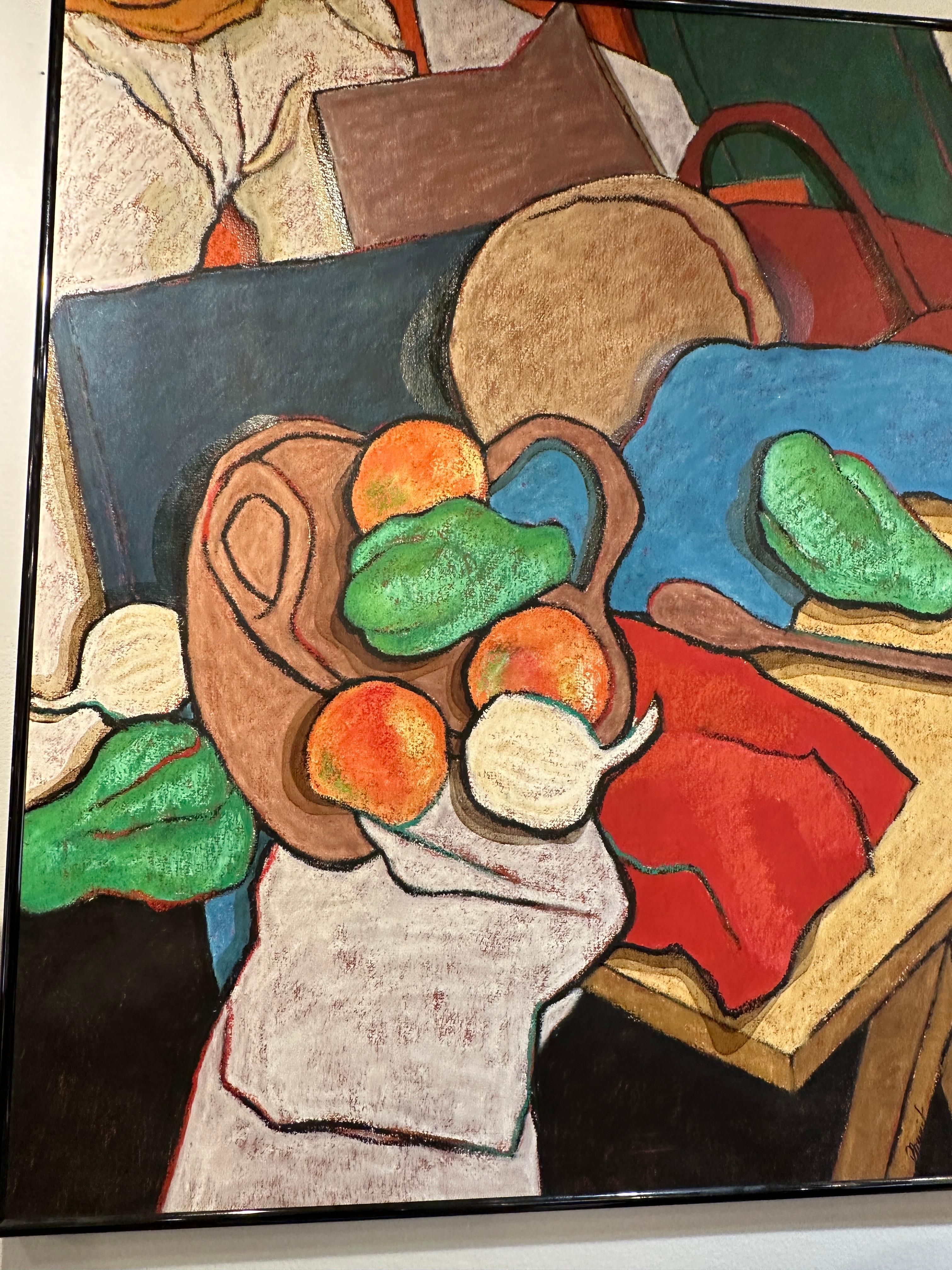Large oil on board.  45x46.  Colorful and decorative abstract still life.
Signed P Musick on lower right.  Listed American artist.