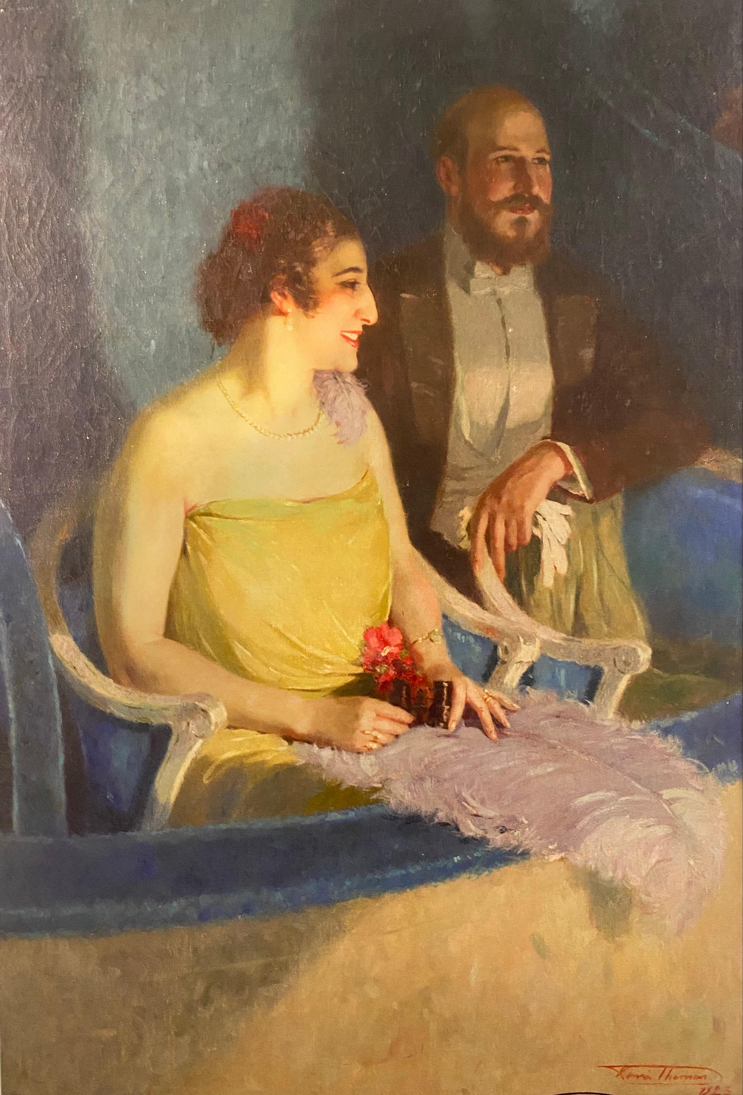 Large canvas representing a couple in their dressing room at the theatre. Very beautiful and elegant genre scene by Henri Joseph Thomas. 
Henri Joseph Thomas (1878-1972) was a Belgian genre, portrait and still life painter, sculptor and printmaker