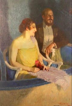 Grande peinture d'Henri Joseph Thomas « Au théâtre » (Au théâtre)