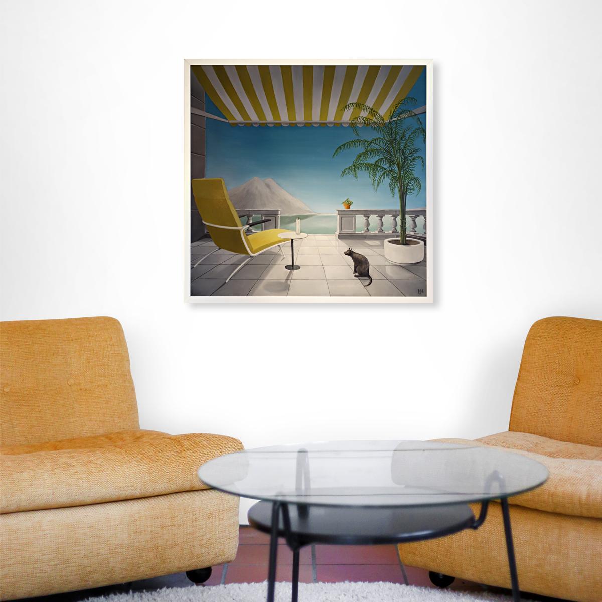 Beautifully detailed large painting by Jac. Haan, interior architect and former manager of the furniture department of the famous Dutch department store Metz en Co. 

The painting depicts a terrace by the ocean. It is a very relaxing and uplifting