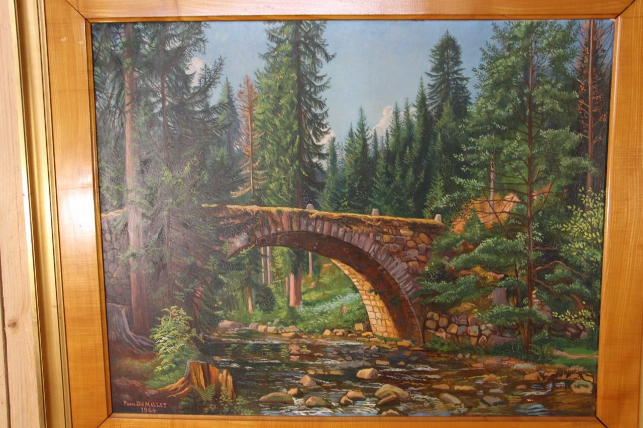 large luminous painting signed by Pierre Dié Mallet 1964 (Vosges painter) in very good condition, the frame is veneered with sycamore the fairy bridge between Xonrupt and Gérardmer size with the frame: 115 cm in length by 97 cm in height size of the