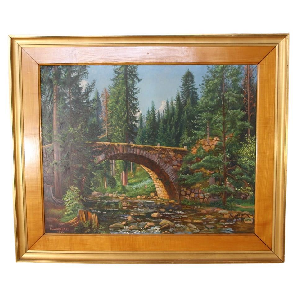 Large Painting By Pierre Dié Mallet "the Bridge Of The Fairies" Gérardmer For Sale