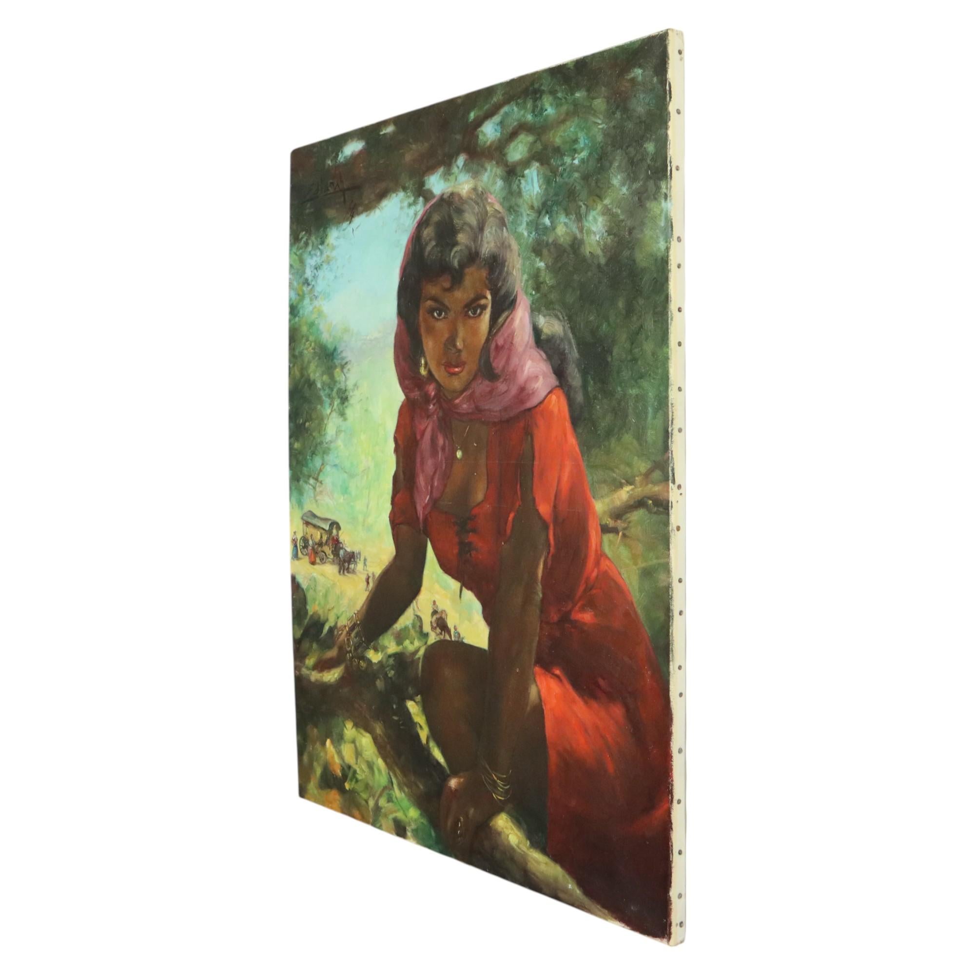 Großes Gemälde Zigeuner junge Frau, Öl auf Leinwand 1964 im Angebot 4