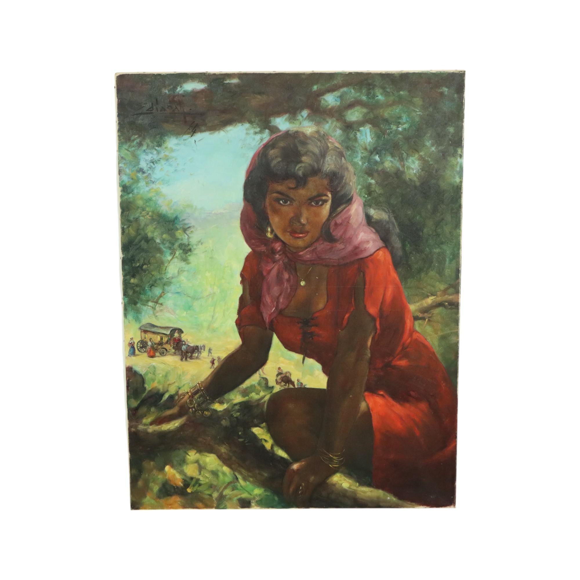 Großes Gemälde Zigeuner junge Frau, Öl auf Leinwand 1964 im Angebot 6