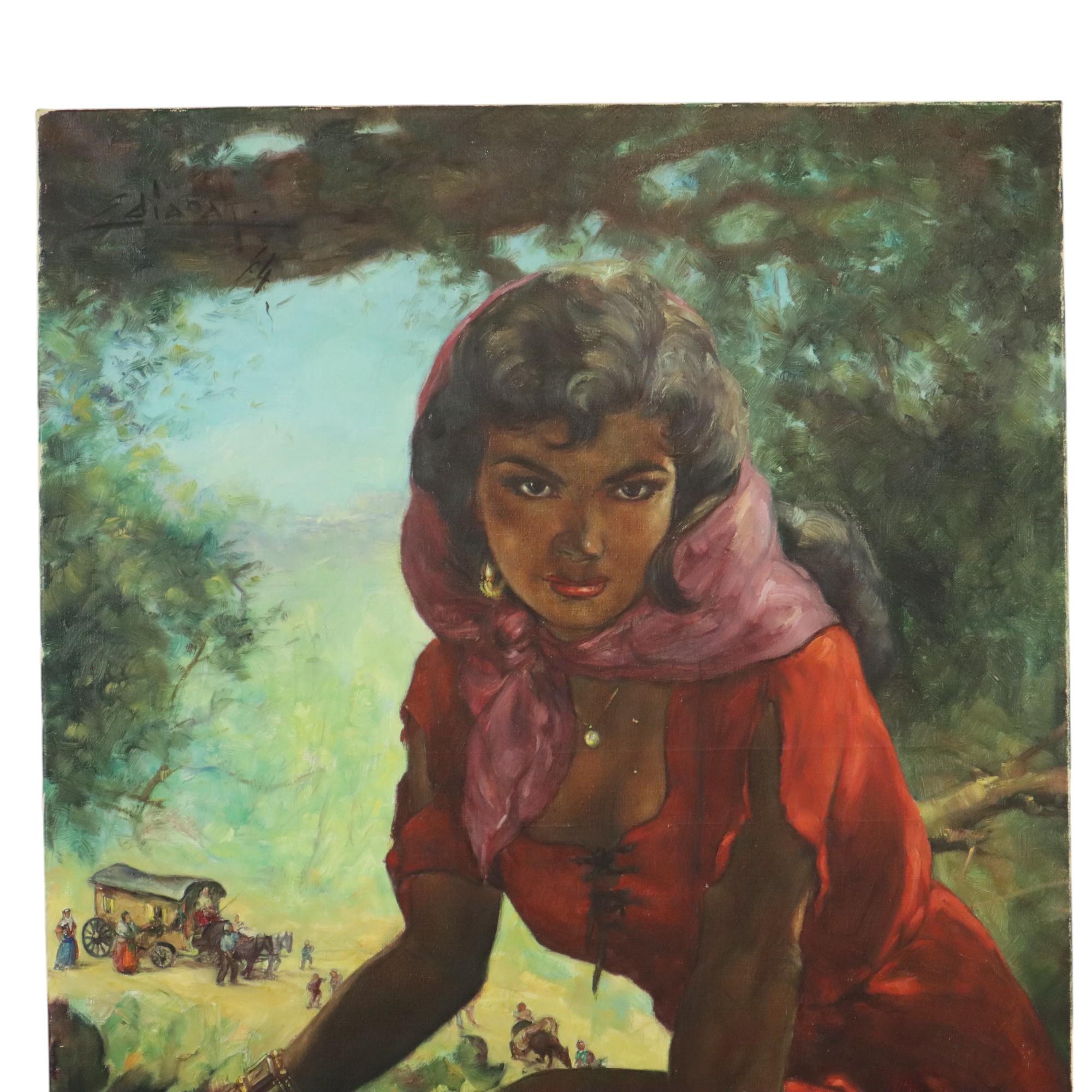 Großes Originalgemälde einer jungen Frau, Zigeunerin, mit einem Planwagen im Hintergrund, Öl auf Leinwand, oben links signiert und datiert 1964.

Beeindruckendes großformatiges, charmantes Porträt einer schönen jungen Frau mit viel Schmuck, sie