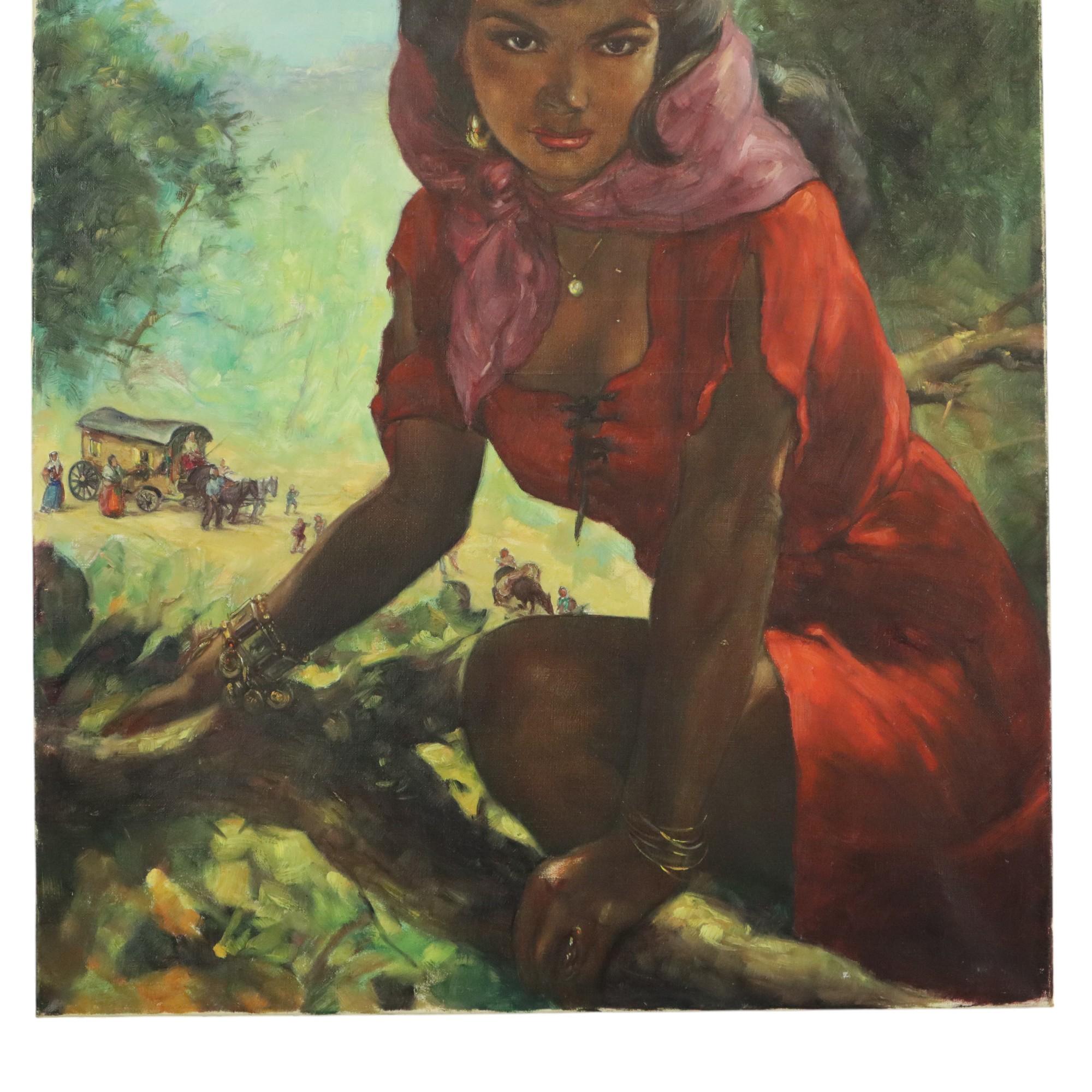 Großes Gemälde Zigeuner junge Frau, Öl auf Leinwand 1964 (Belgisch) im Angebot