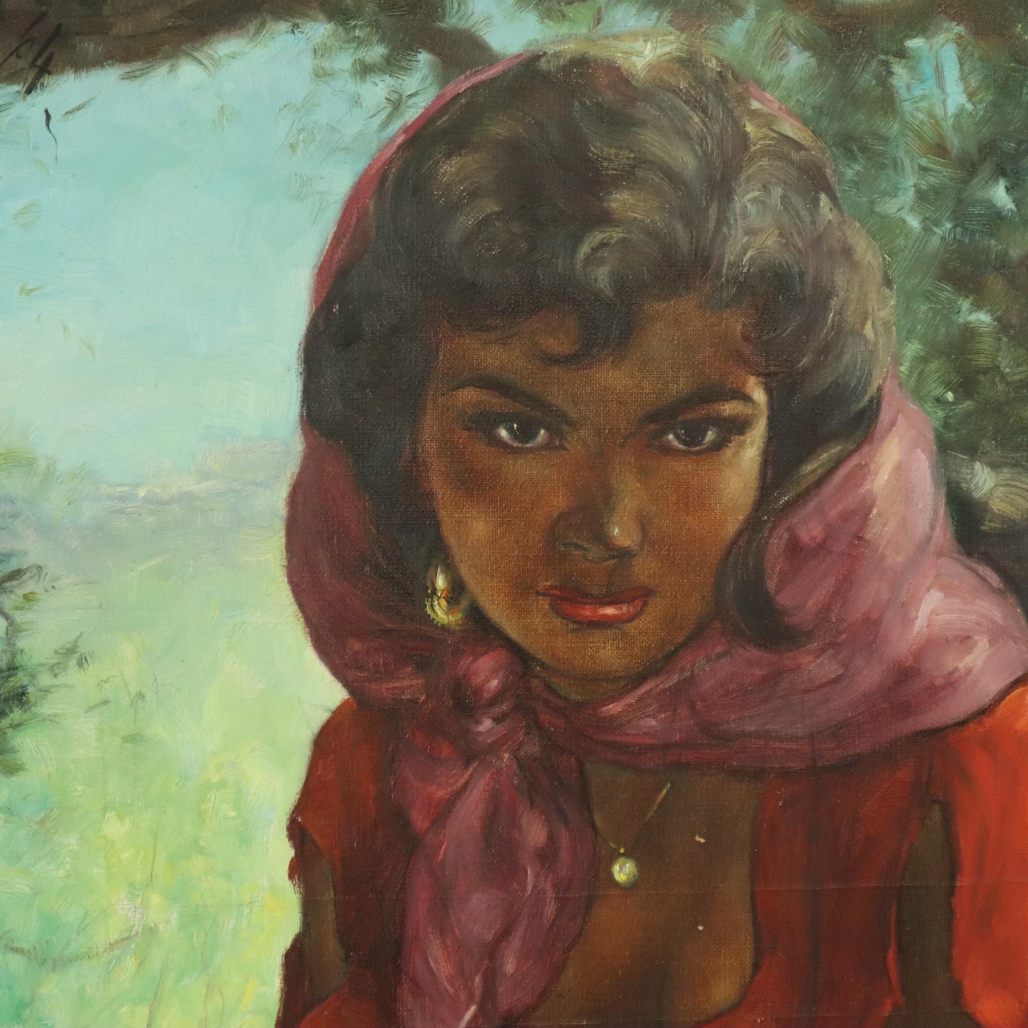 Großes Gemälde Zigeuner junge Frau, Öl auf Leinwand 1964 (Handbemalt) im Angebot