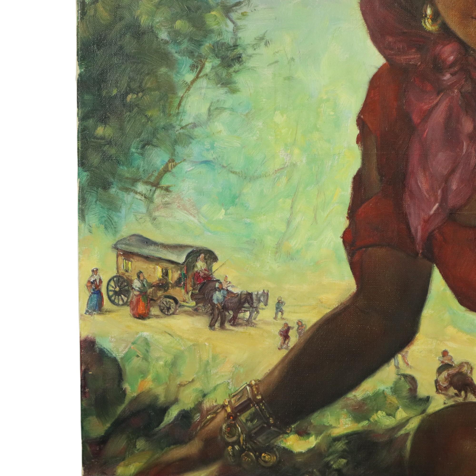 Großes Gemälde Zigeuner junge Frau, Öl auf Leinwand 1964 im Angebot 1