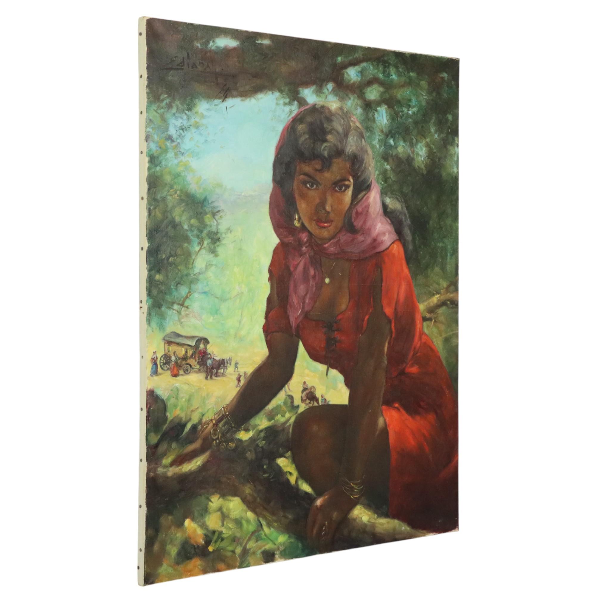 Großes Gemälde Zigeuner junge Frau, Öl auf Leinwand 1964 im Angebot 3
