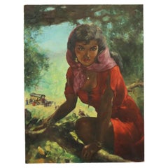 Large Painting Gypsy Young Woman Oil on Canvas 1964